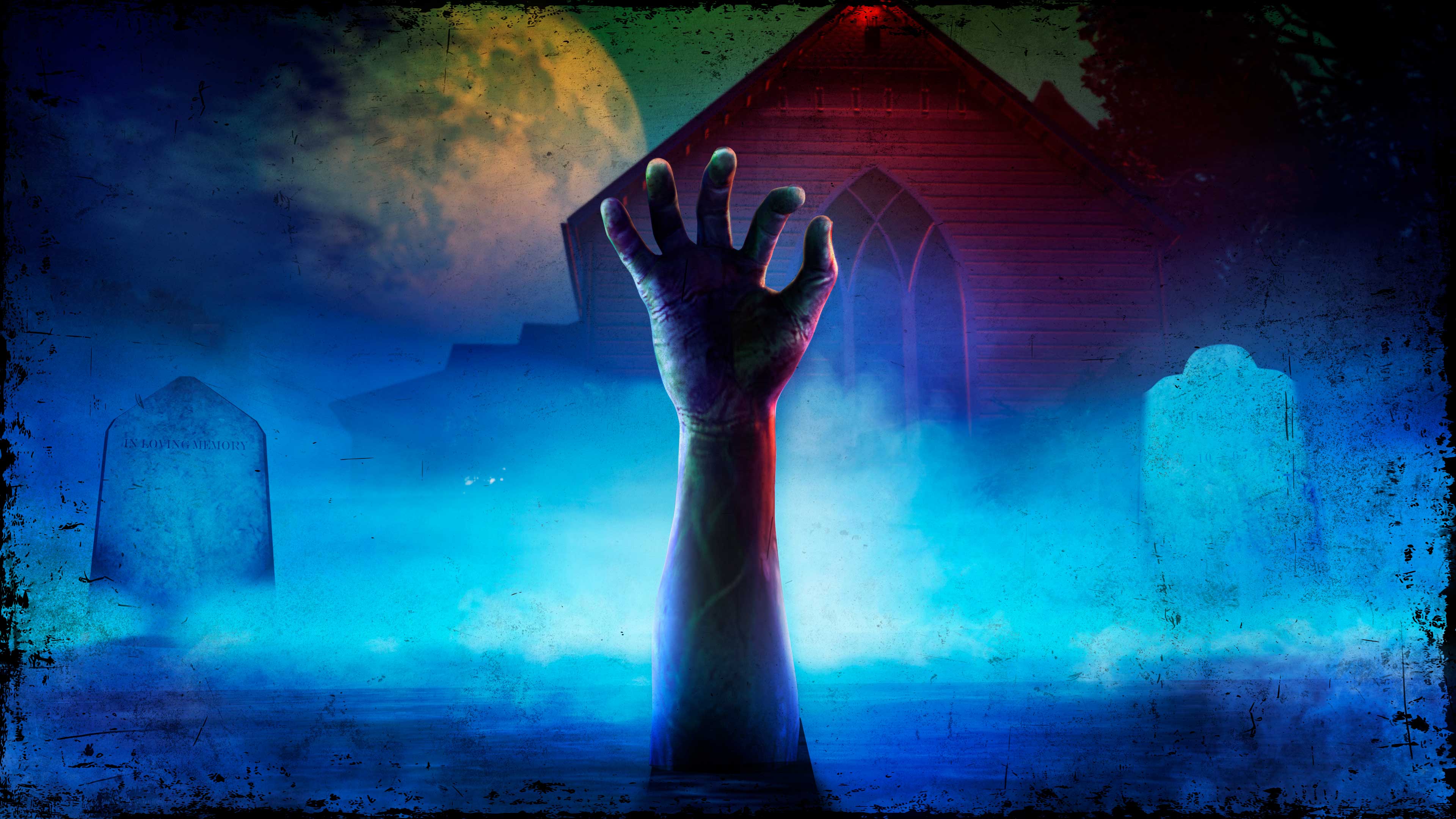 An undead hand reaches up out the ground. The background shows two gravestones in front of a church.