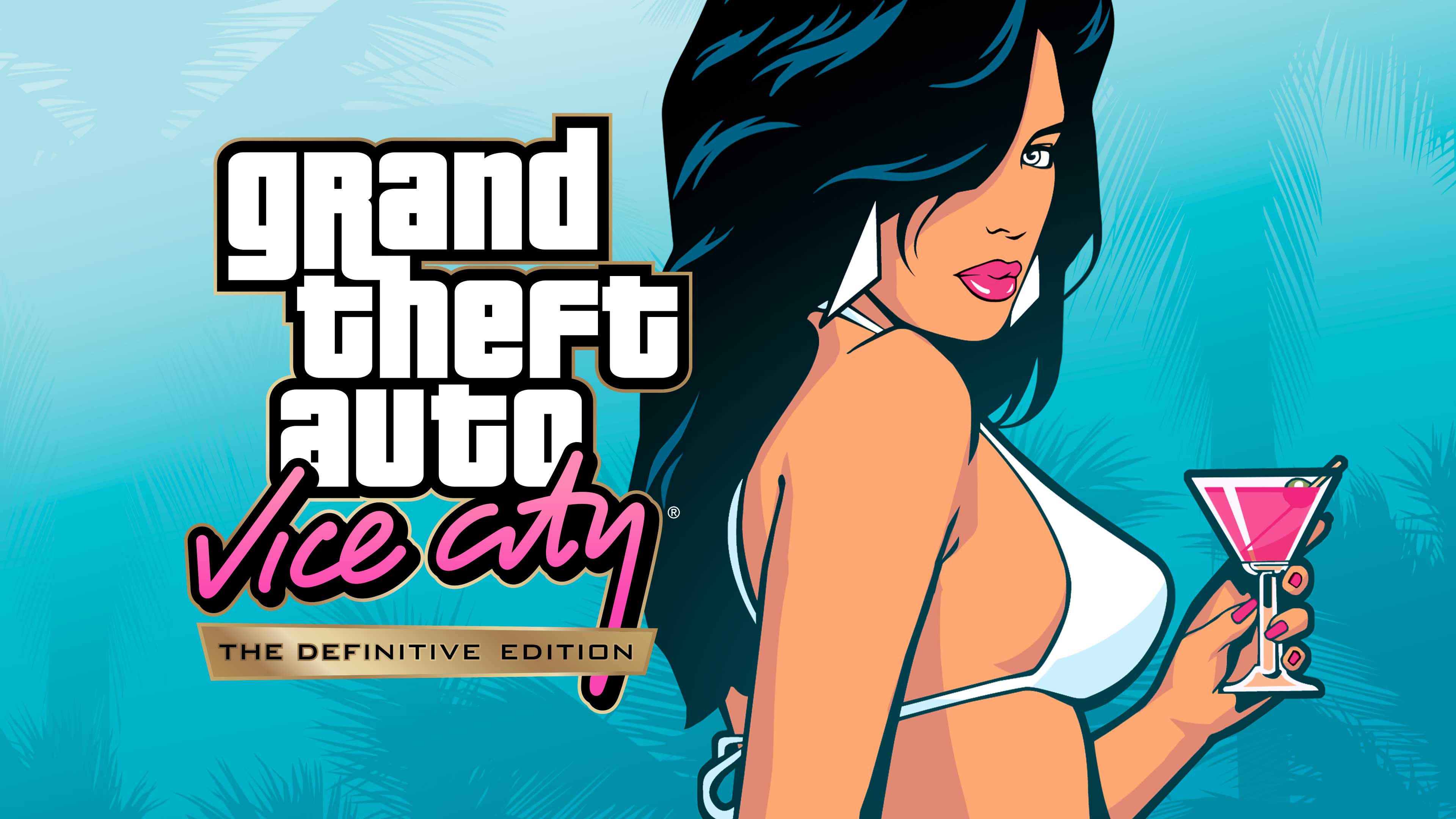 Grand Theft Auto: Vice City – The Definitive Edition key art featuring a woman holding a pink cocktail.