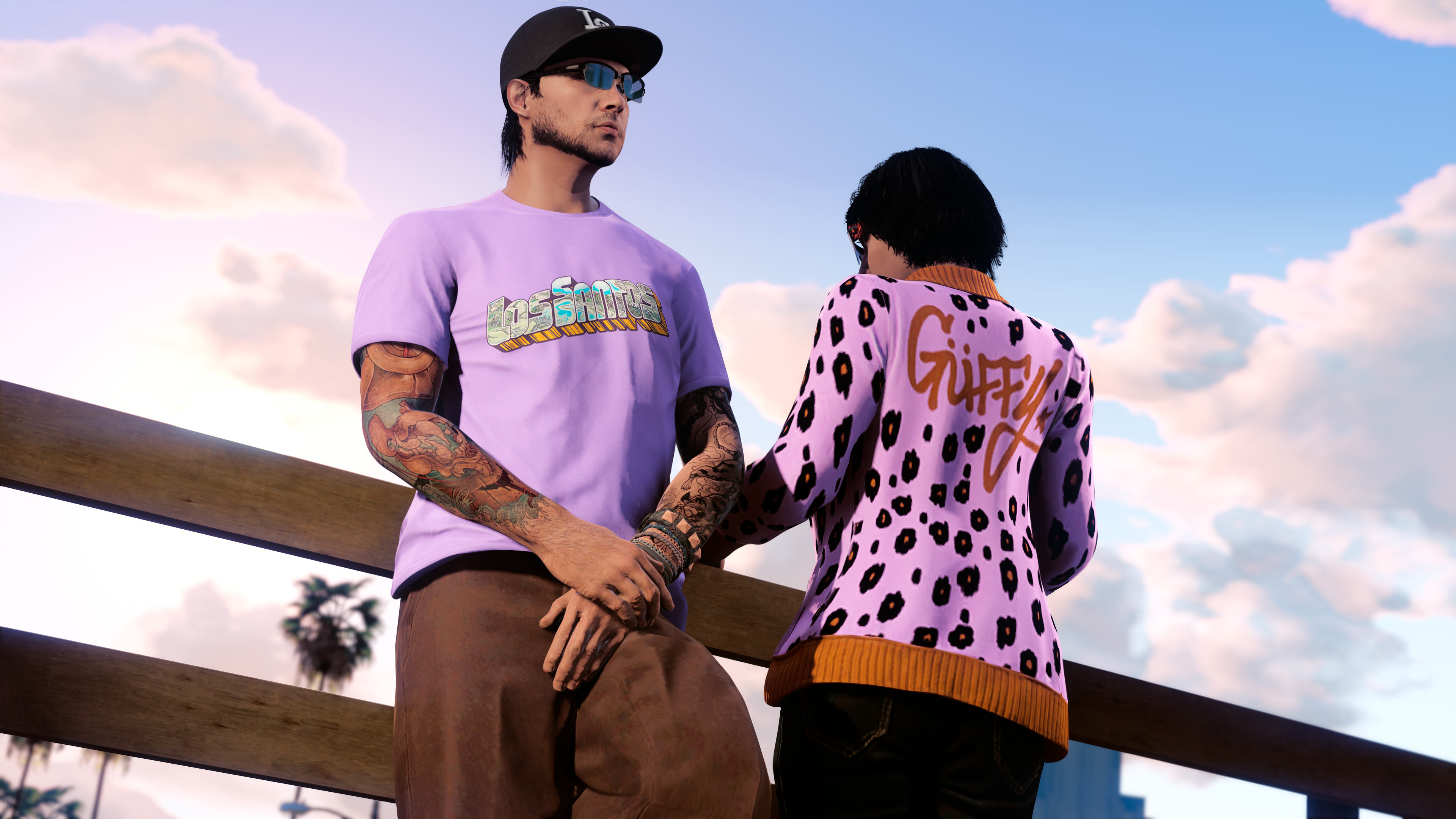 Two characters wear the Purple Güffy Cardigan and Los Santos Map Tee.    