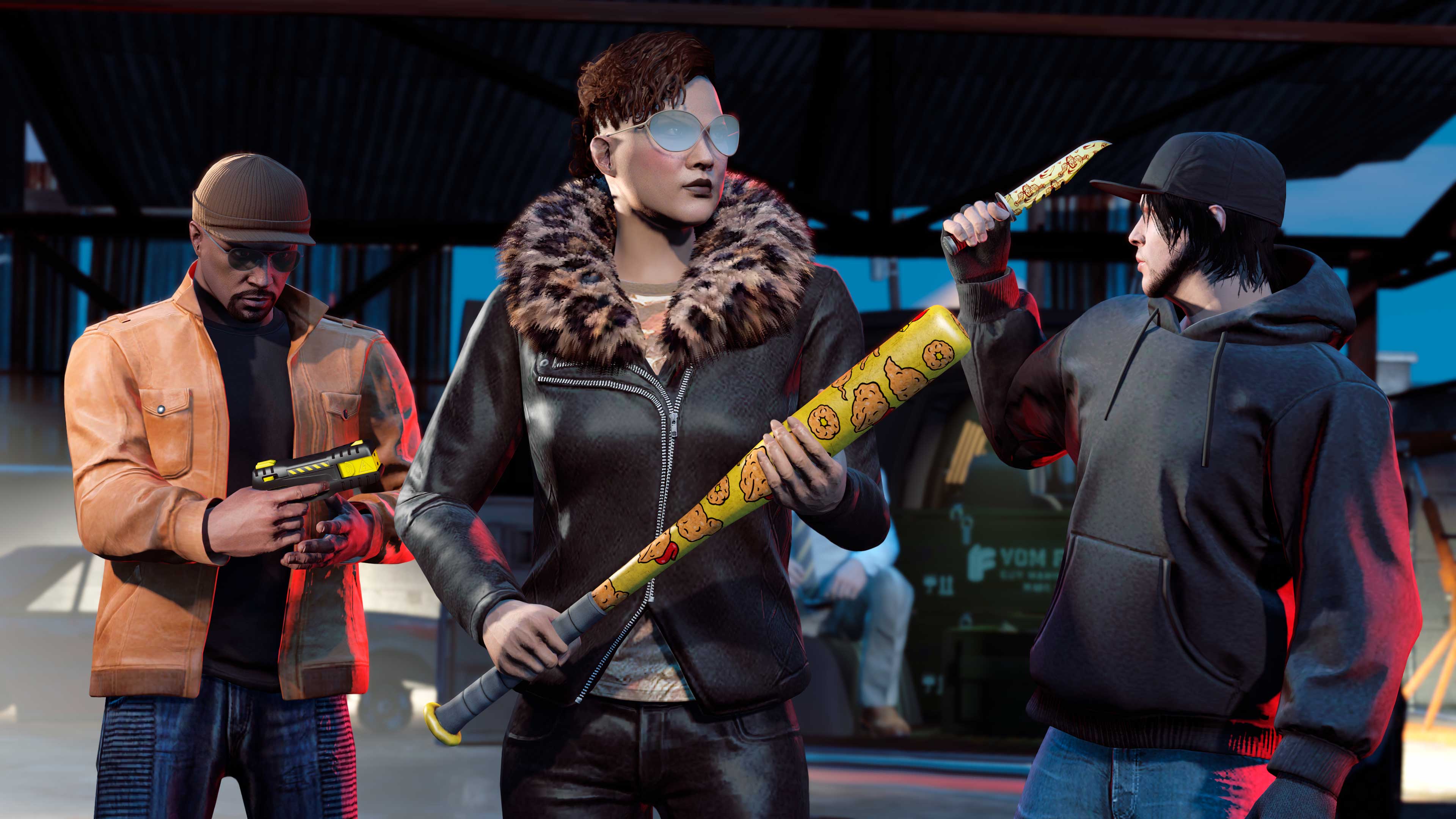 Three characters wielding weapons with exclusive weapon finishes. 