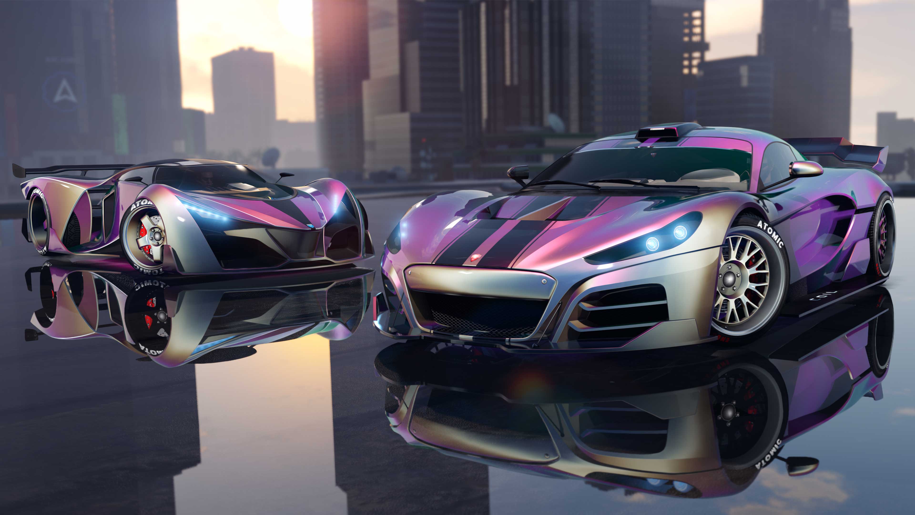 Two cars showcasing the White/Purple Flip Chameleon Paint and Chameleon Wheel Paint.    