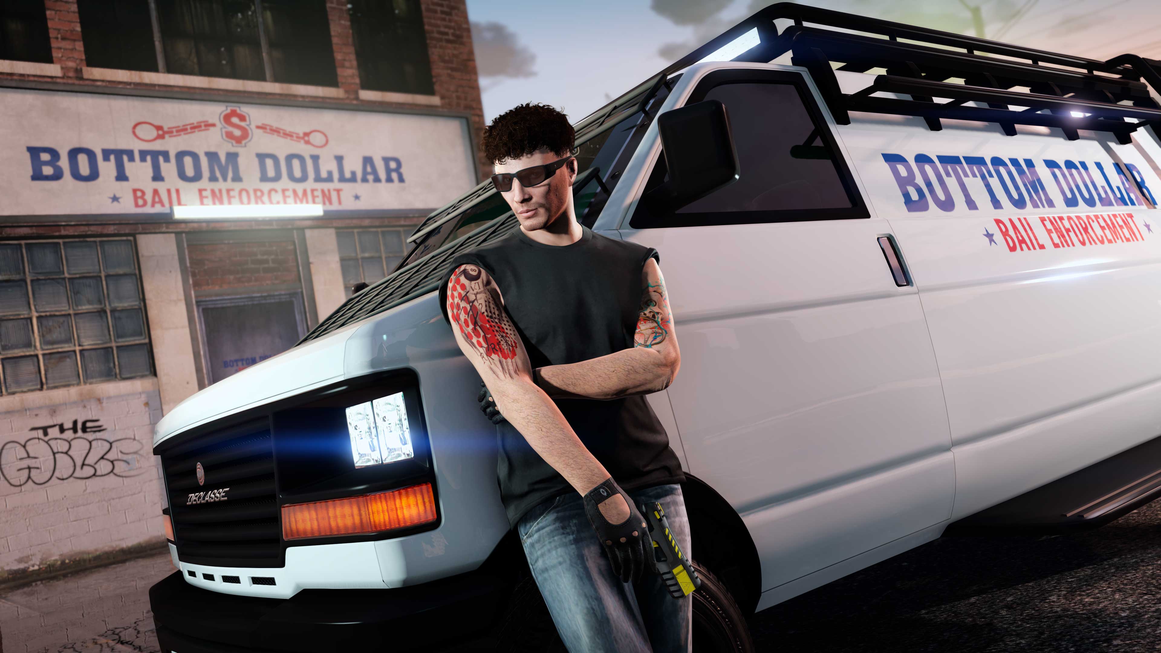 A character leans against a van outside the Bottom Dollar Bail Enforcement office. 