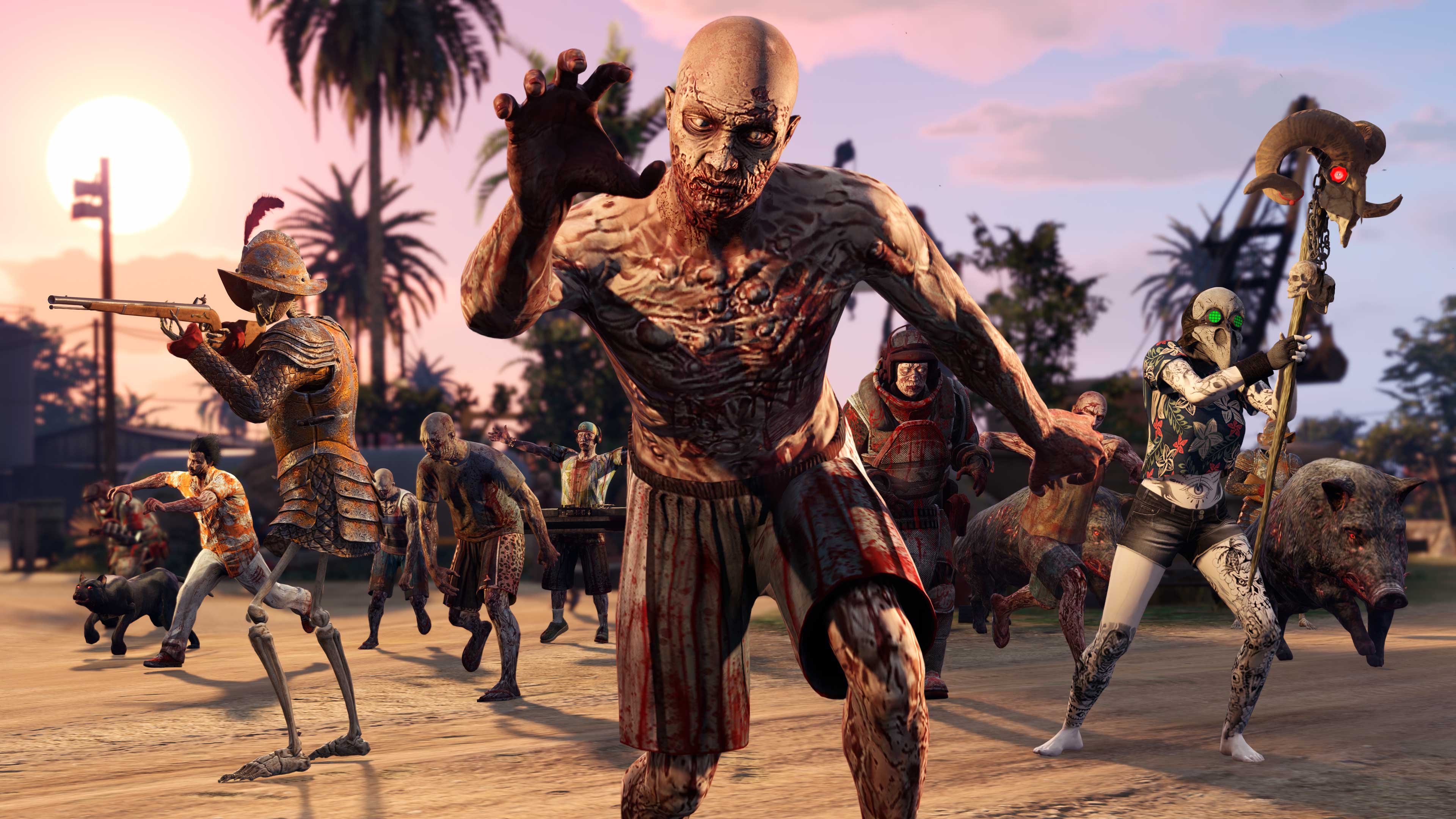 Various undead characters approach the camera including zombies in varying costumes, a skeleton in armor with a rifle, a character with an animal skull staff, and undead creatures. 