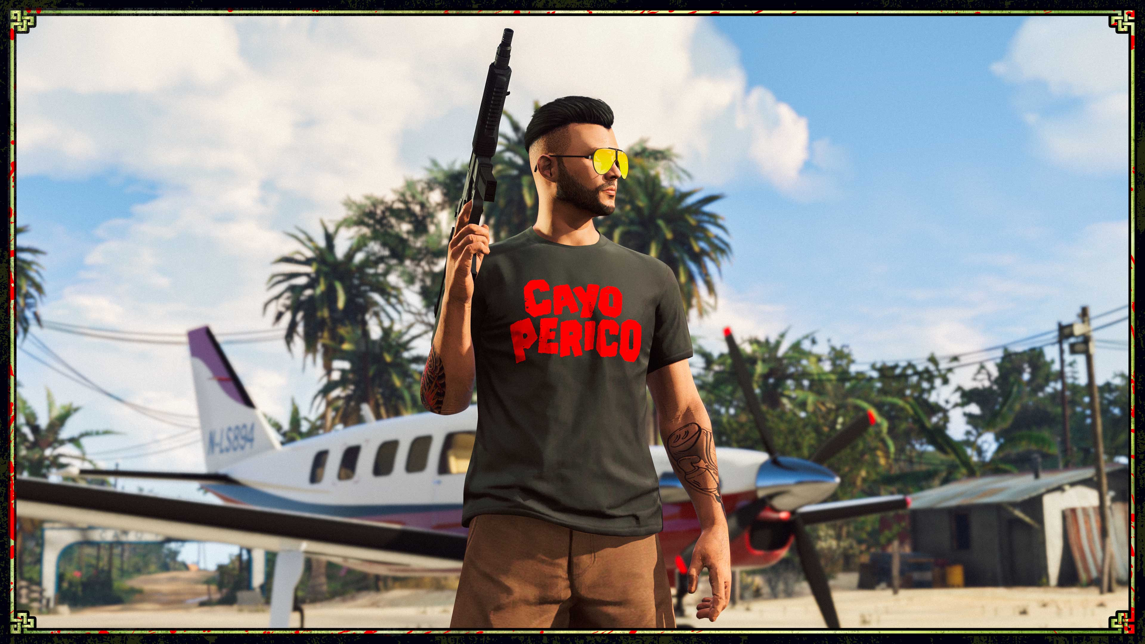 An armed character near a jet wears the I Survived Cayo Perico tee. 