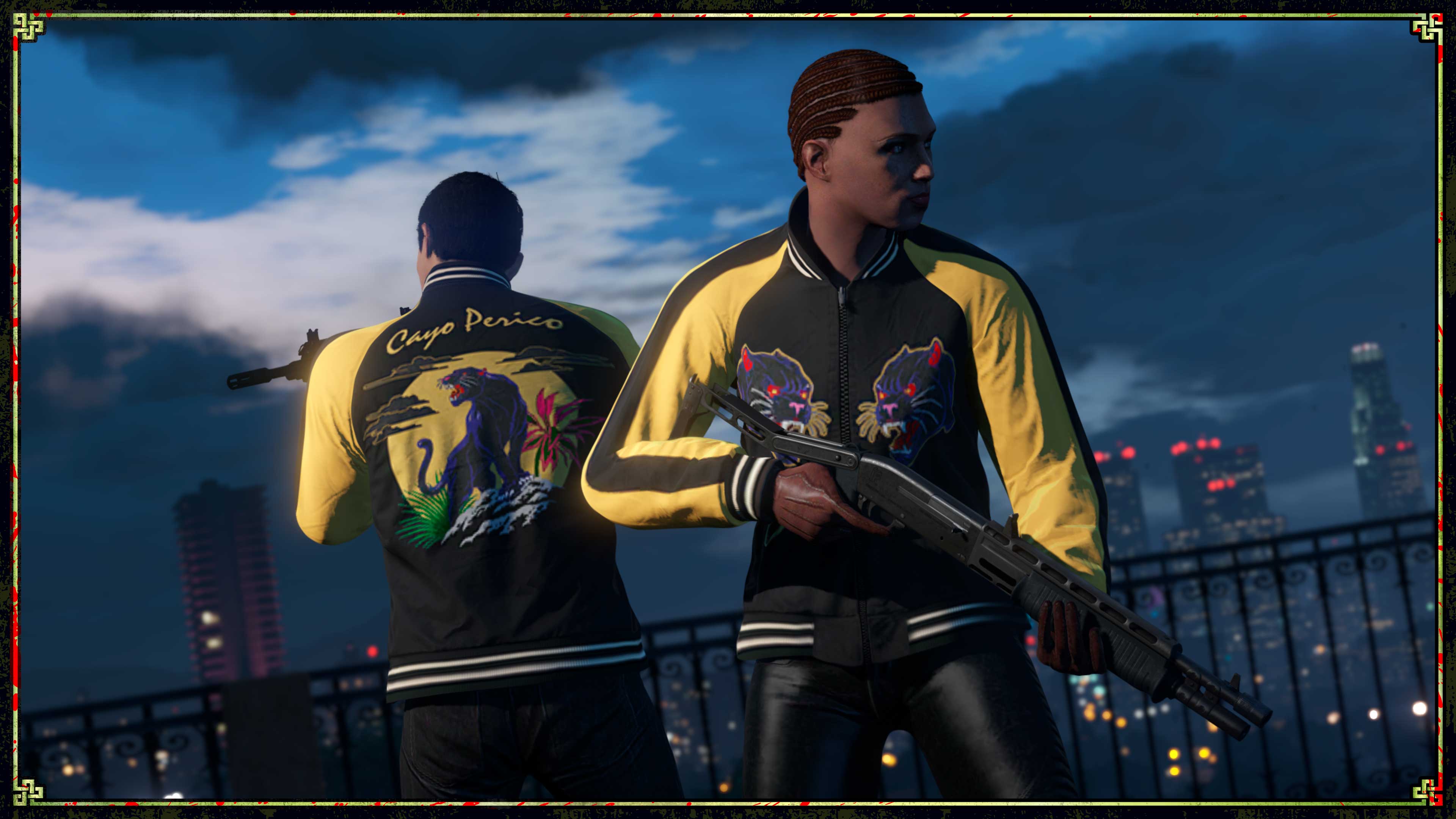 Two armed characters on a roof wearing the black and yellow Panther Tour Jacket. 