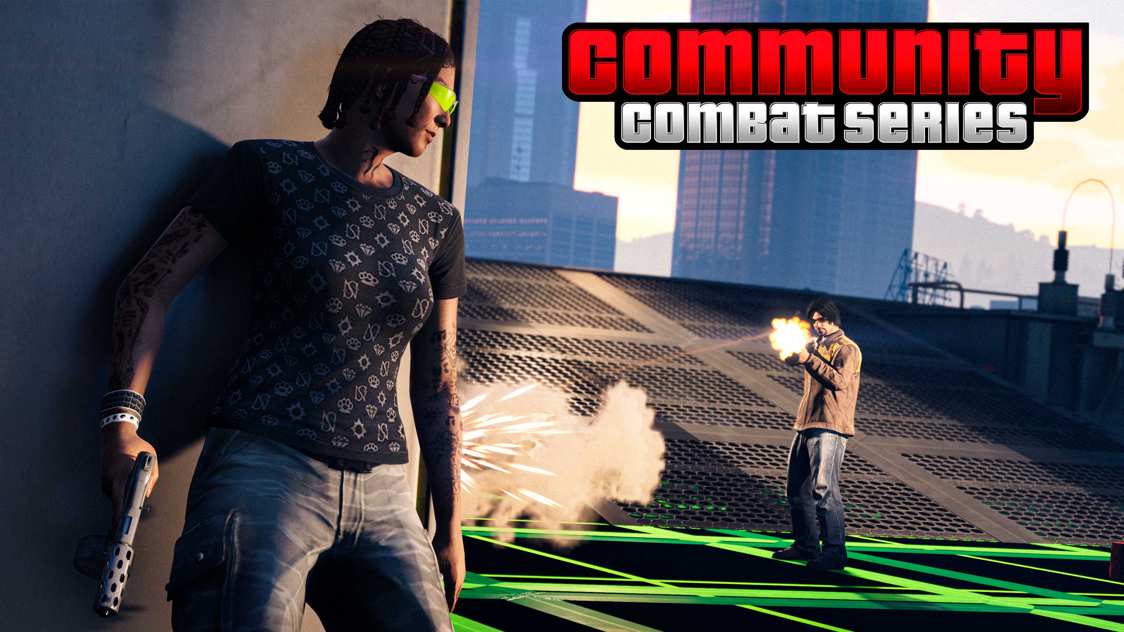 Community Combat Series poster with one armed character shooting at another taking cover behind a wall. 