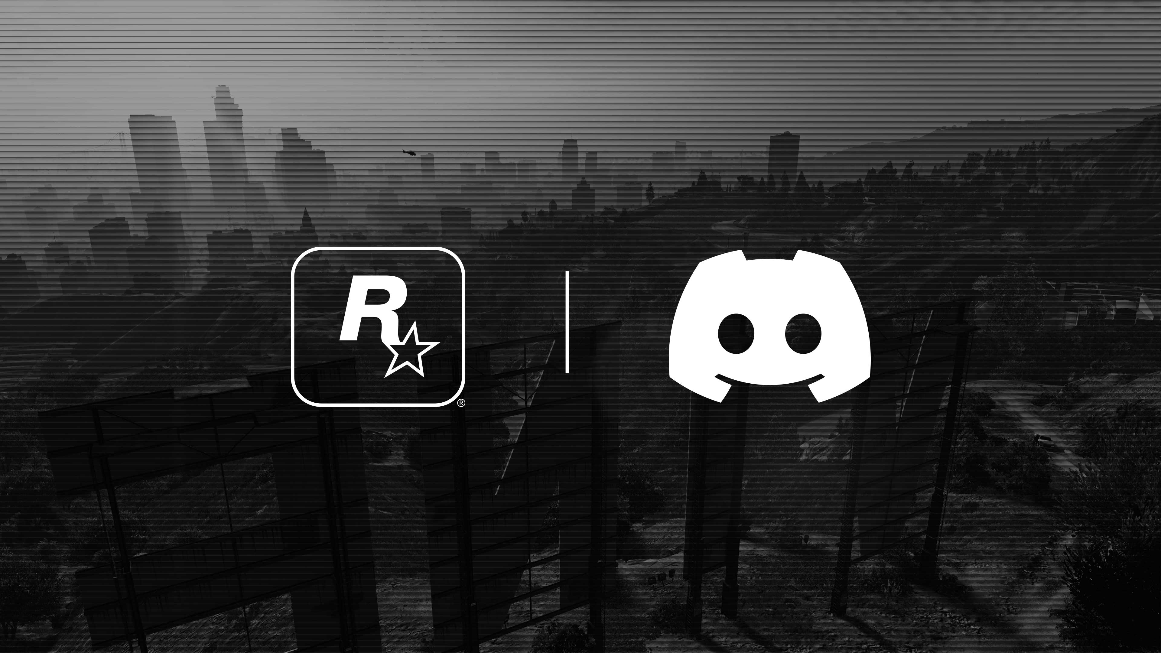 Rockstar Games and Discord logos with the Los Santos skyline in the background. 