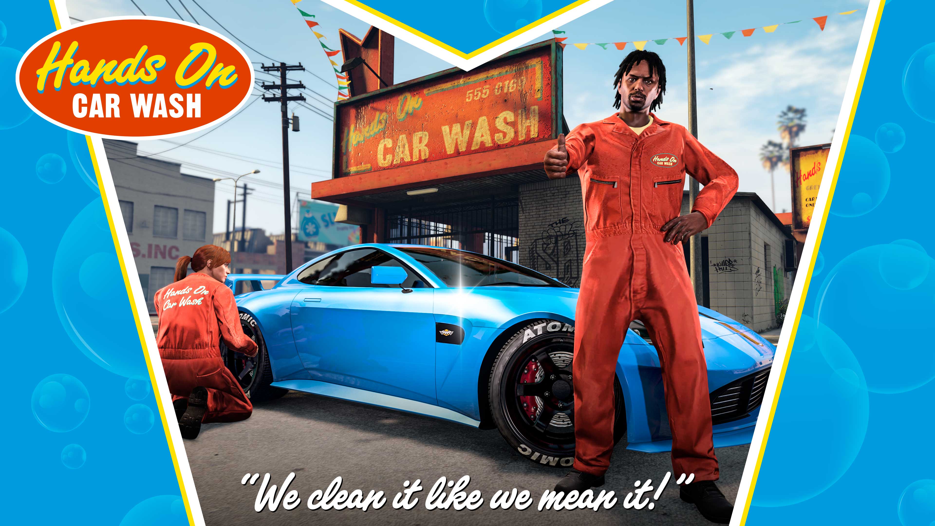 Hands On Car Wash poster. Two staff members in orange overalls work on a blue coupe as one gives a thumbs up to the camera. Text reads, “We clean it like we mean it!” 