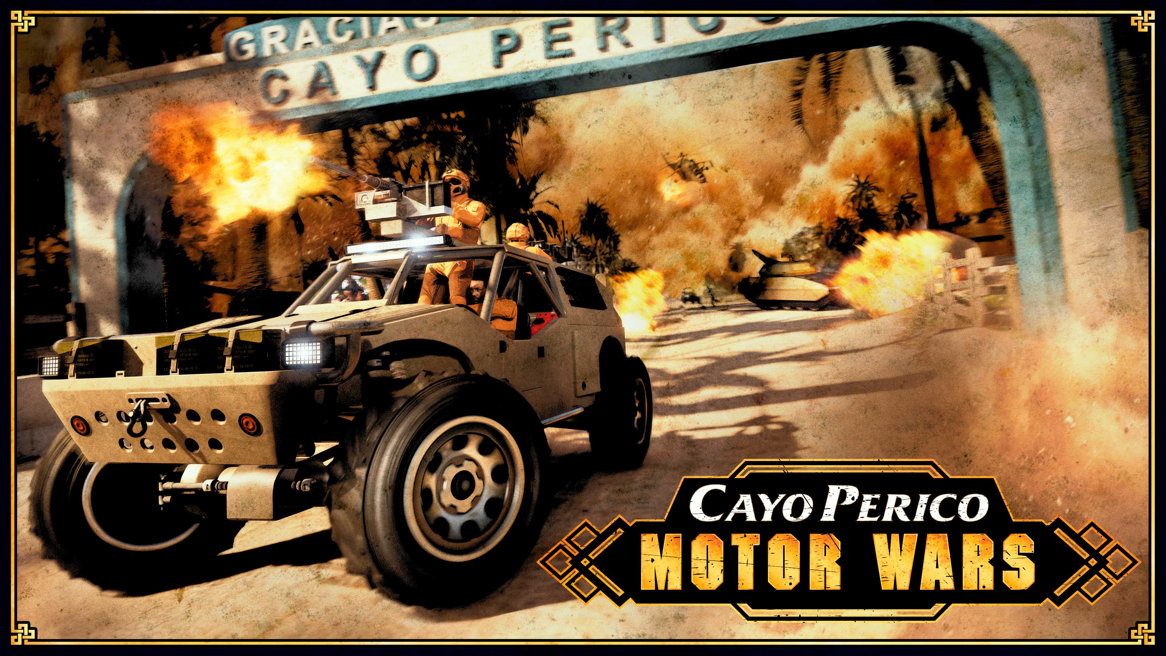 Cayo Perico Motor Wars poster featuring a weaponized off-road vehicle engaged in combat, driving away from dust and explosions. 