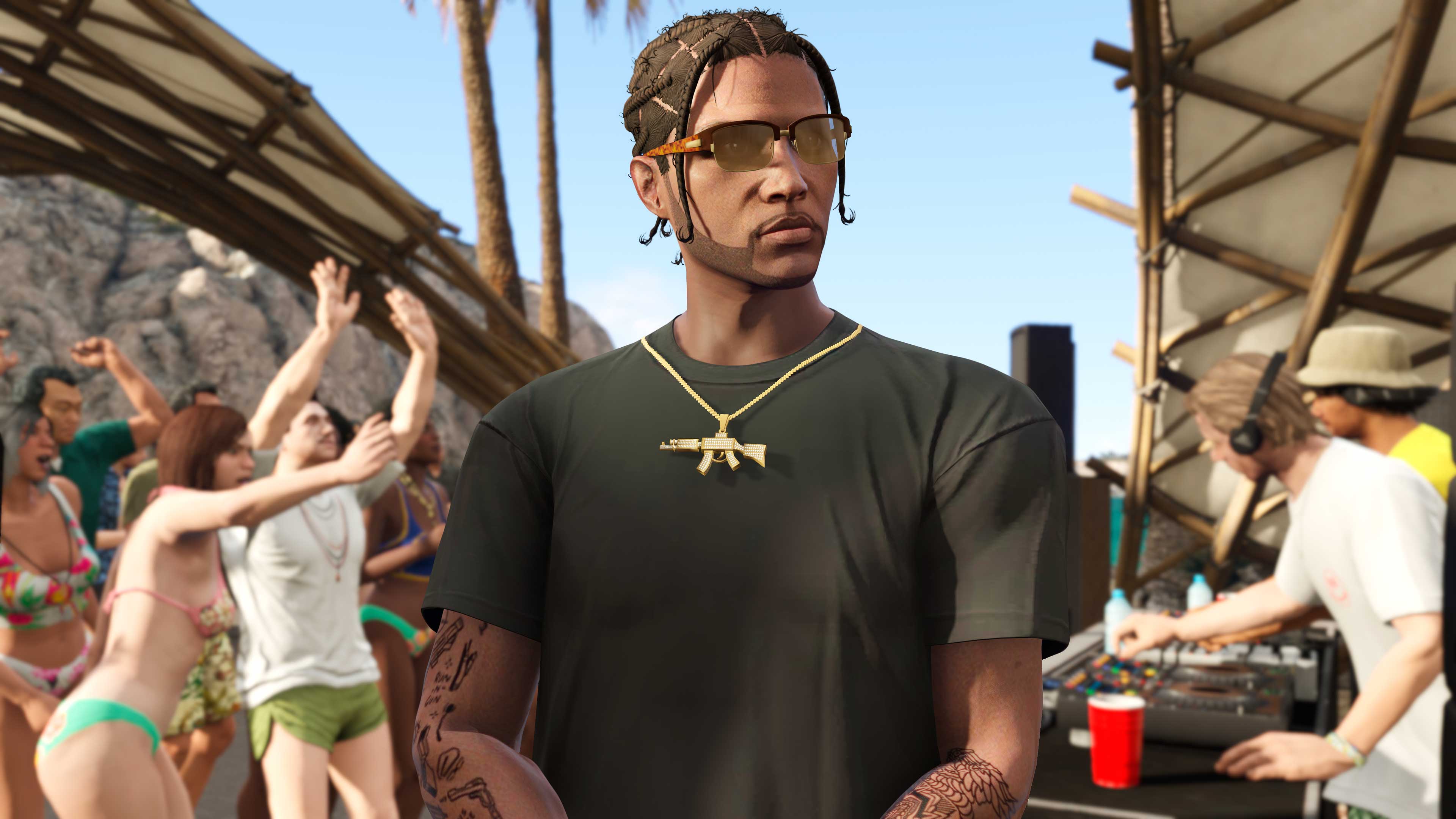 A character wearing a Gold Gun Necklace.
