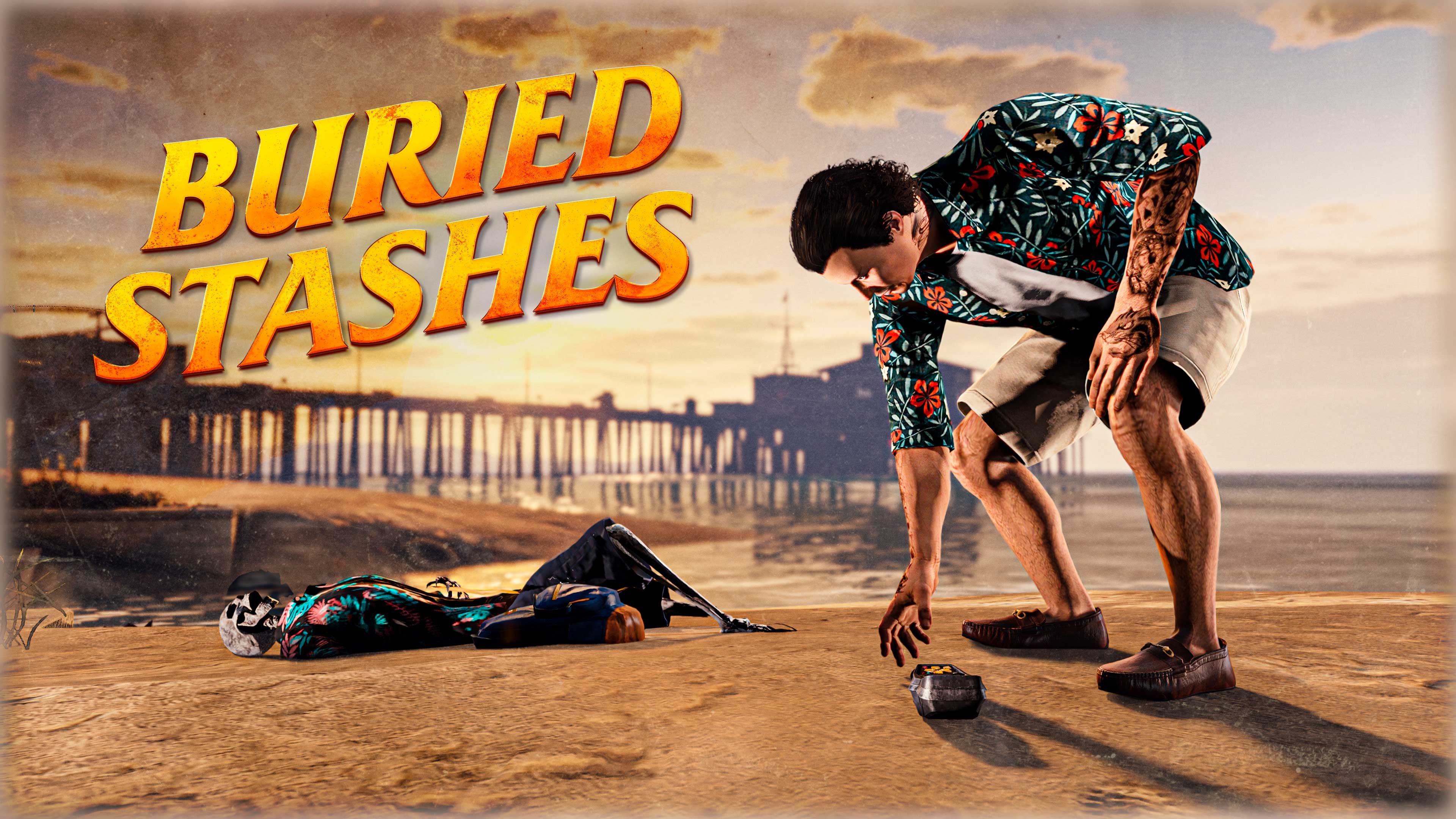 Buried Stashes poster with a GTA Online player in a Hawaiian shirt picking up a device from the sand near a skeleton.