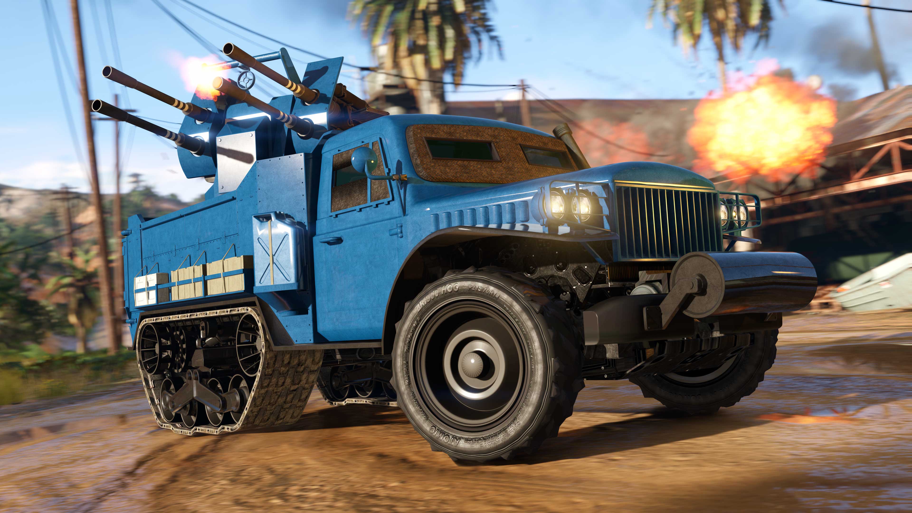 A blue Bravado Half-track with turrets.