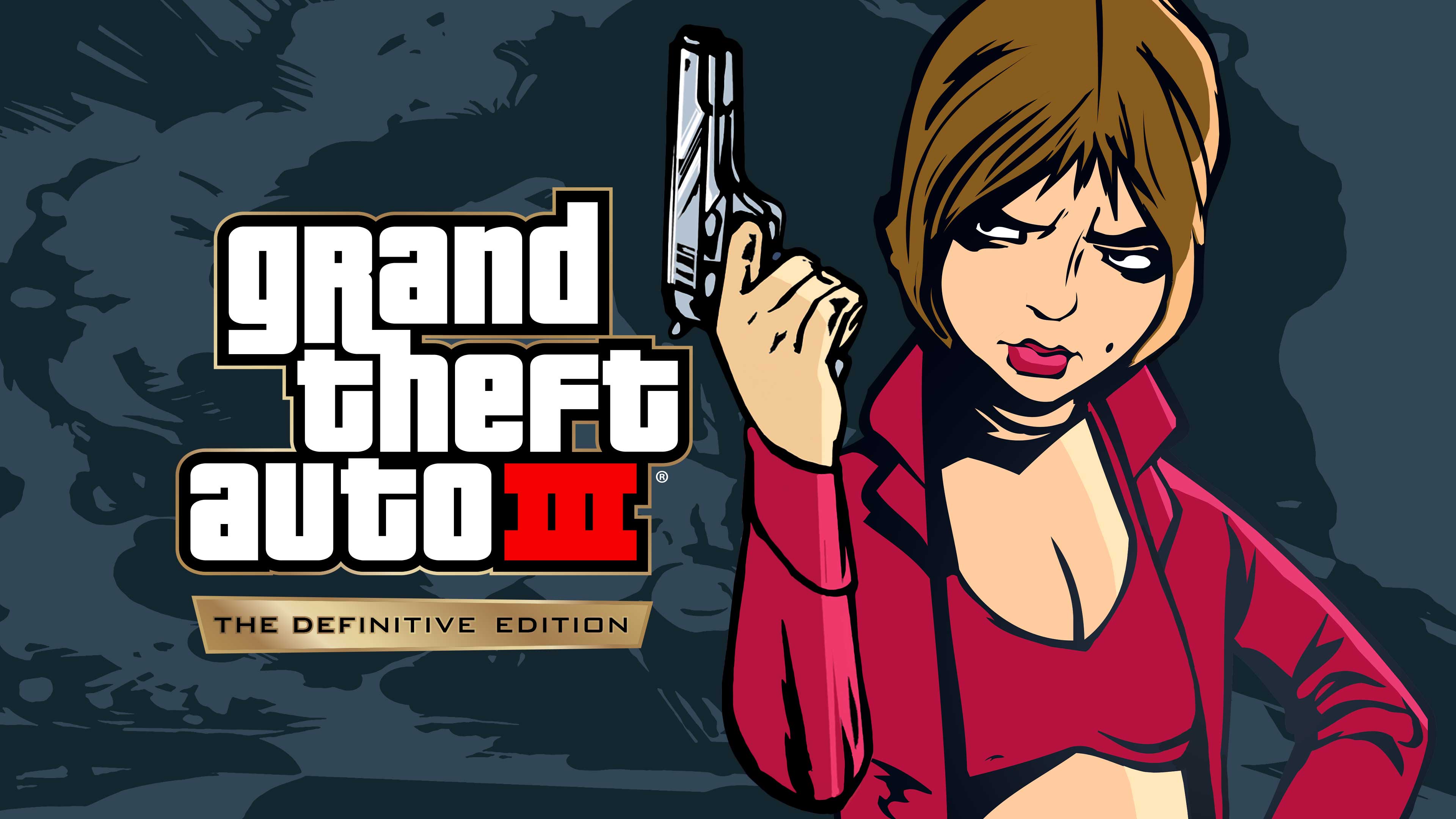 Grand Theft Auto 3: The Definitive Edition key art featuring Misty holding a handgun.
