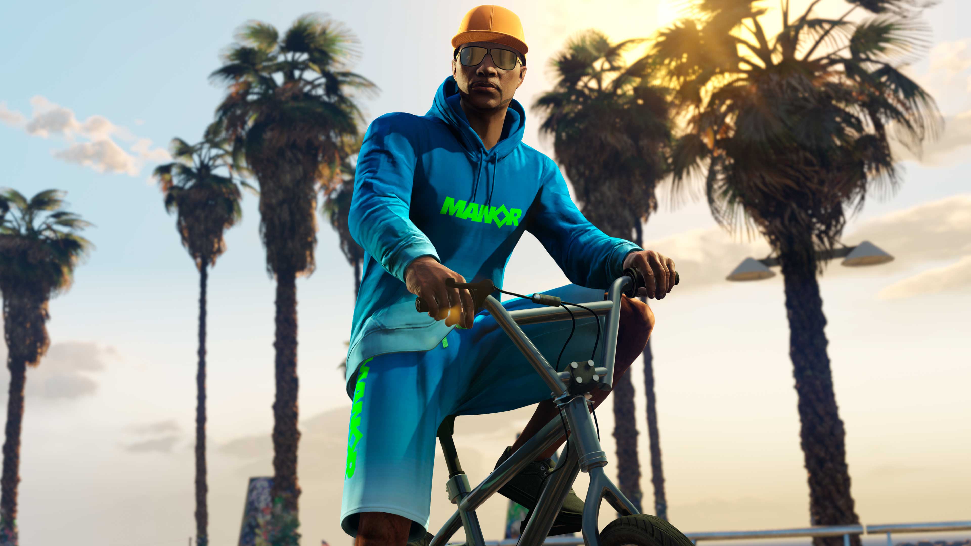 A character on a bicycle wears the Blue Manor Hoodie and Shorts. 