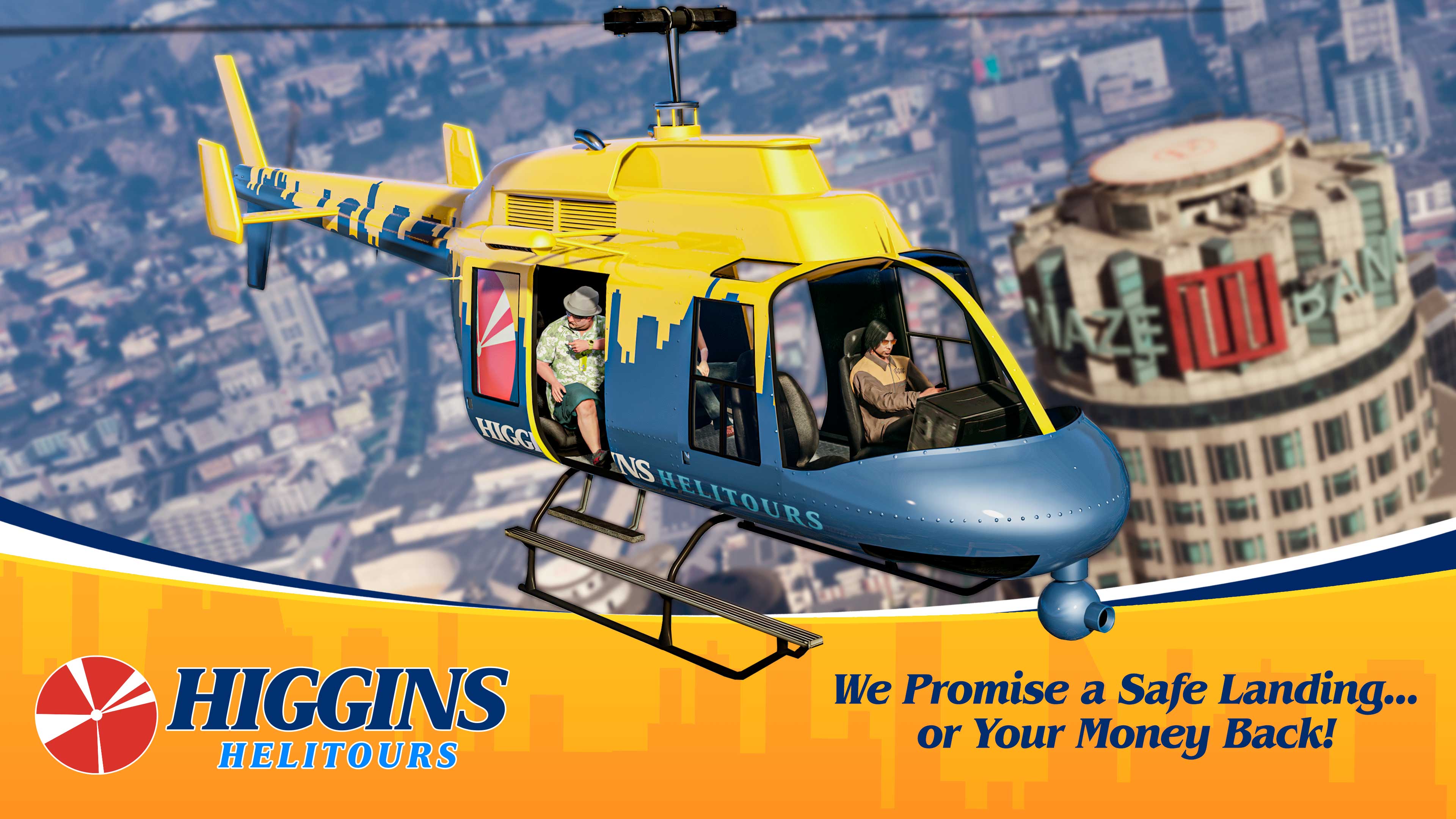 Higgins Helitours poster of a blue and yellow helicopter giving a tour over Los Santos. Text reads: “We promise a safe landing... or your money back!” 