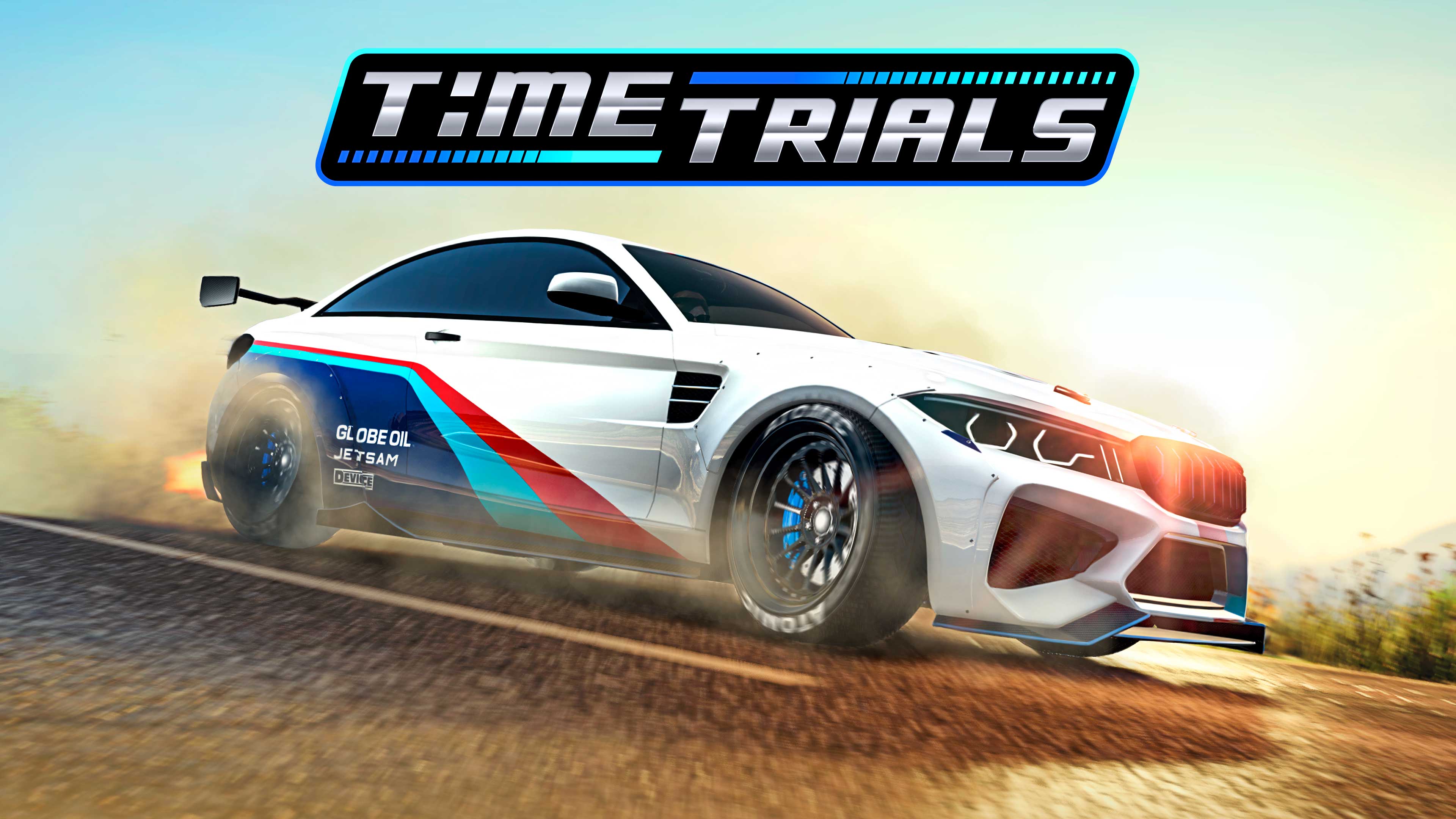 Time Trails event poster with a car driving on a road.