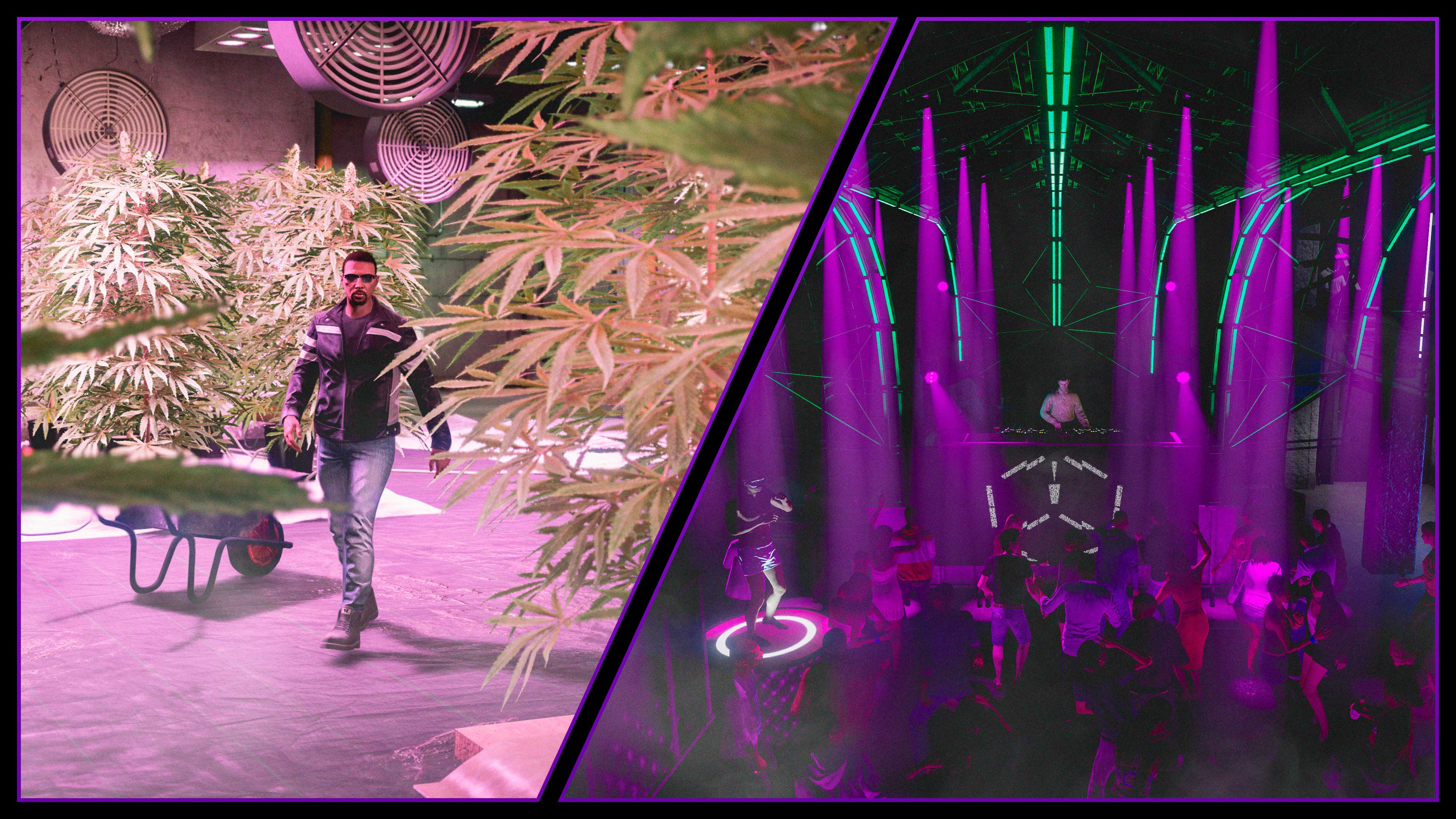 Split asset. Right: A character walks through their Weed Farm past towering marijuana plants. Left: A crowd dances in front of a DJ in a neon-lit nightclub. 