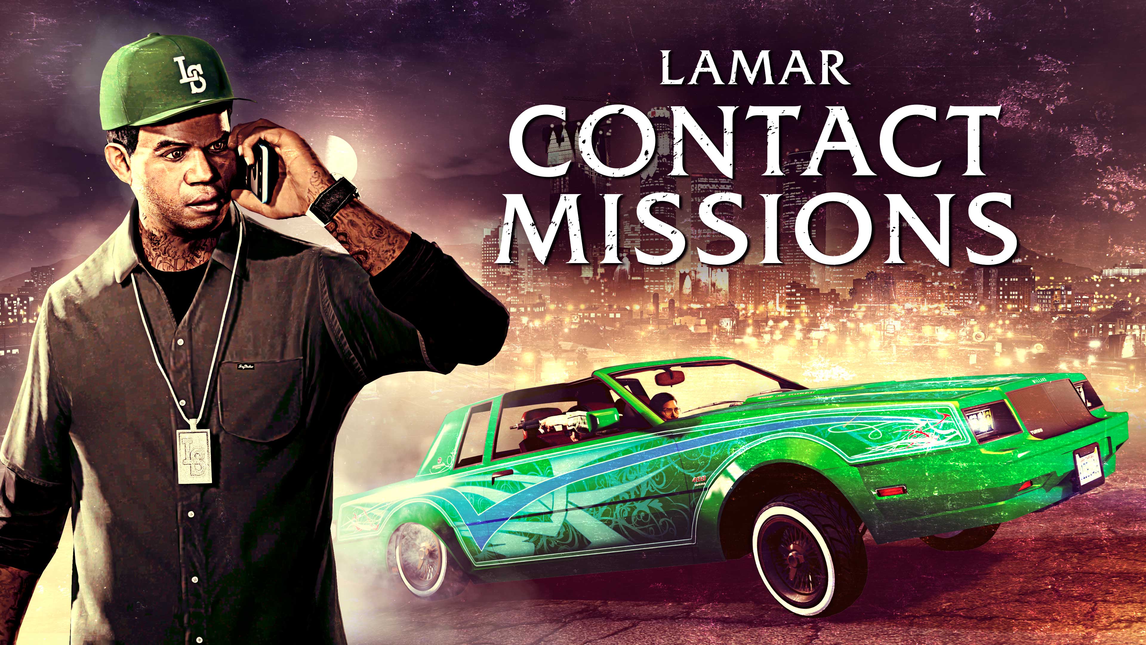 Lamar Contact Missions posters with Lamar on a mobile phone near a speeding open top low rider car. 