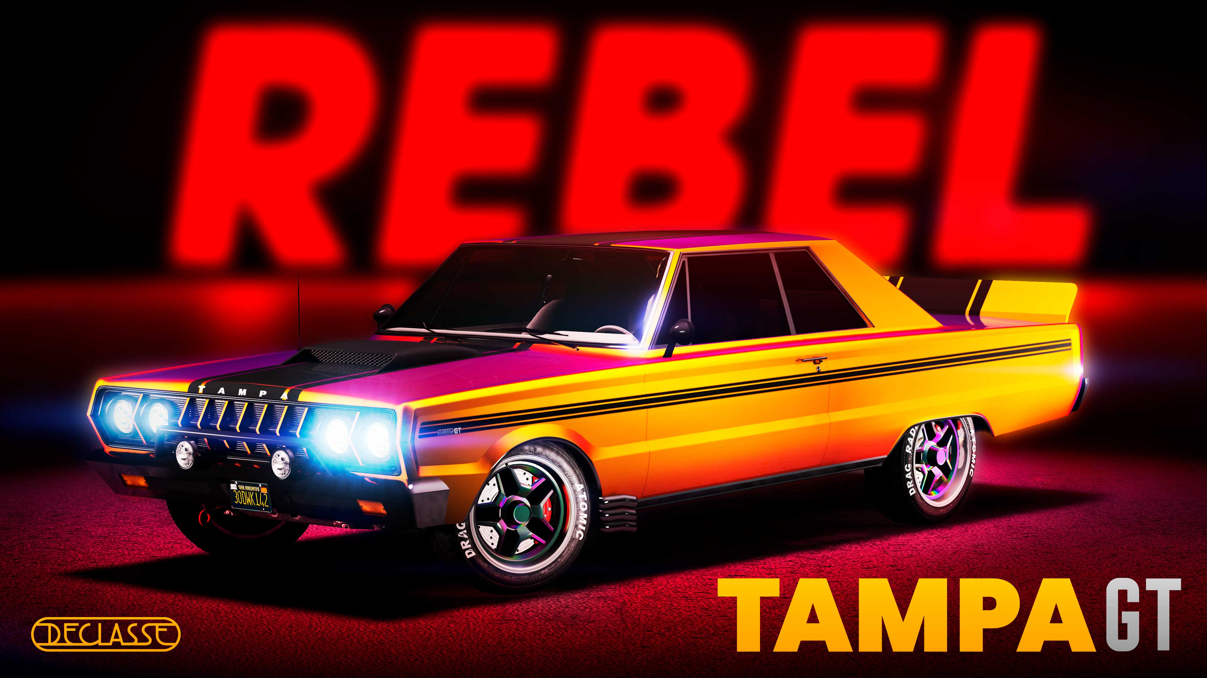In front of a large red sign that reads “Rebel” sits a yellow Declasse Tampa GT car with black stripes along the sides and a black racing stripe. 