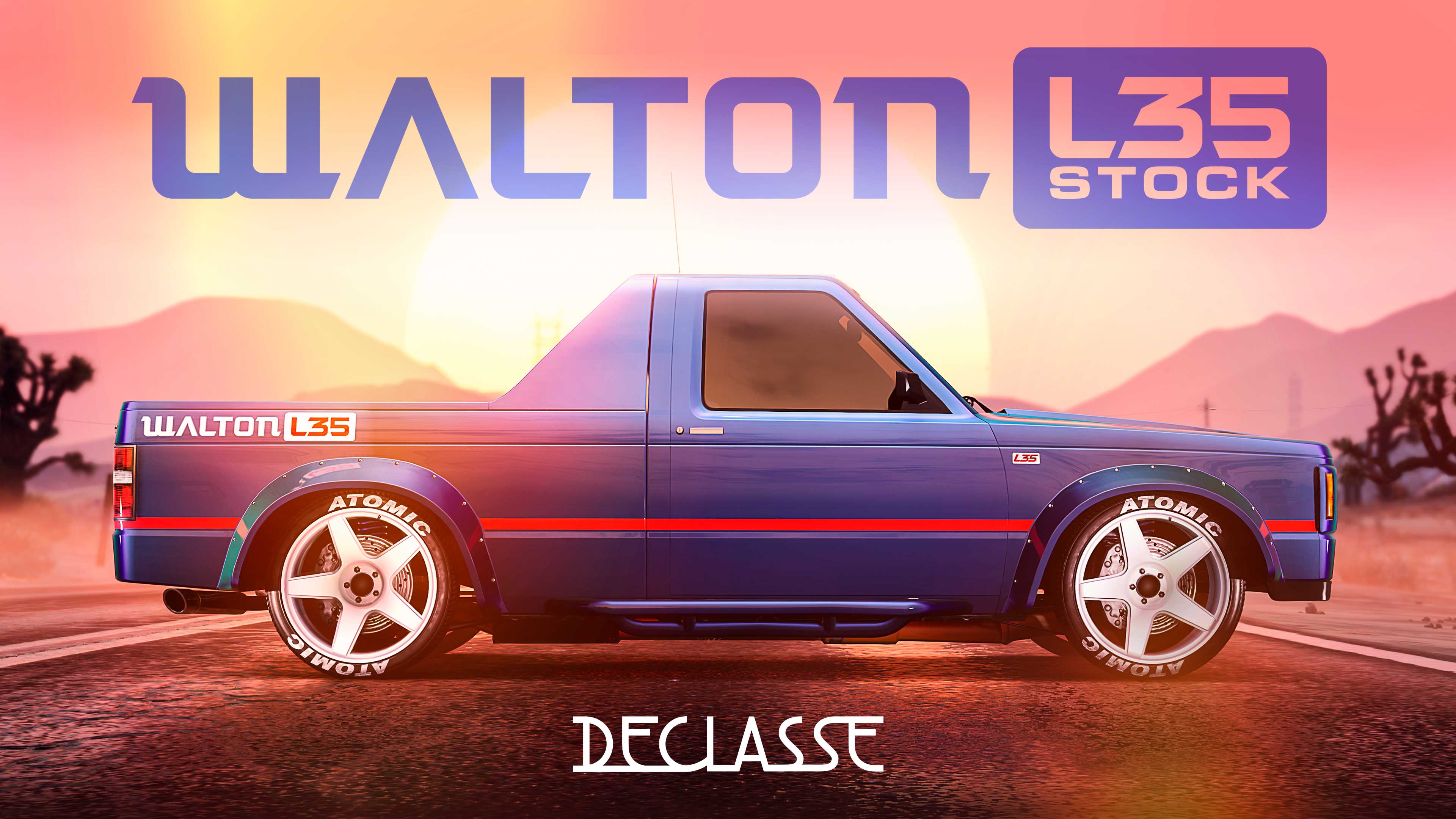 A blue Declasse Walton L35 Stock pickup with a red stripe along the side. 