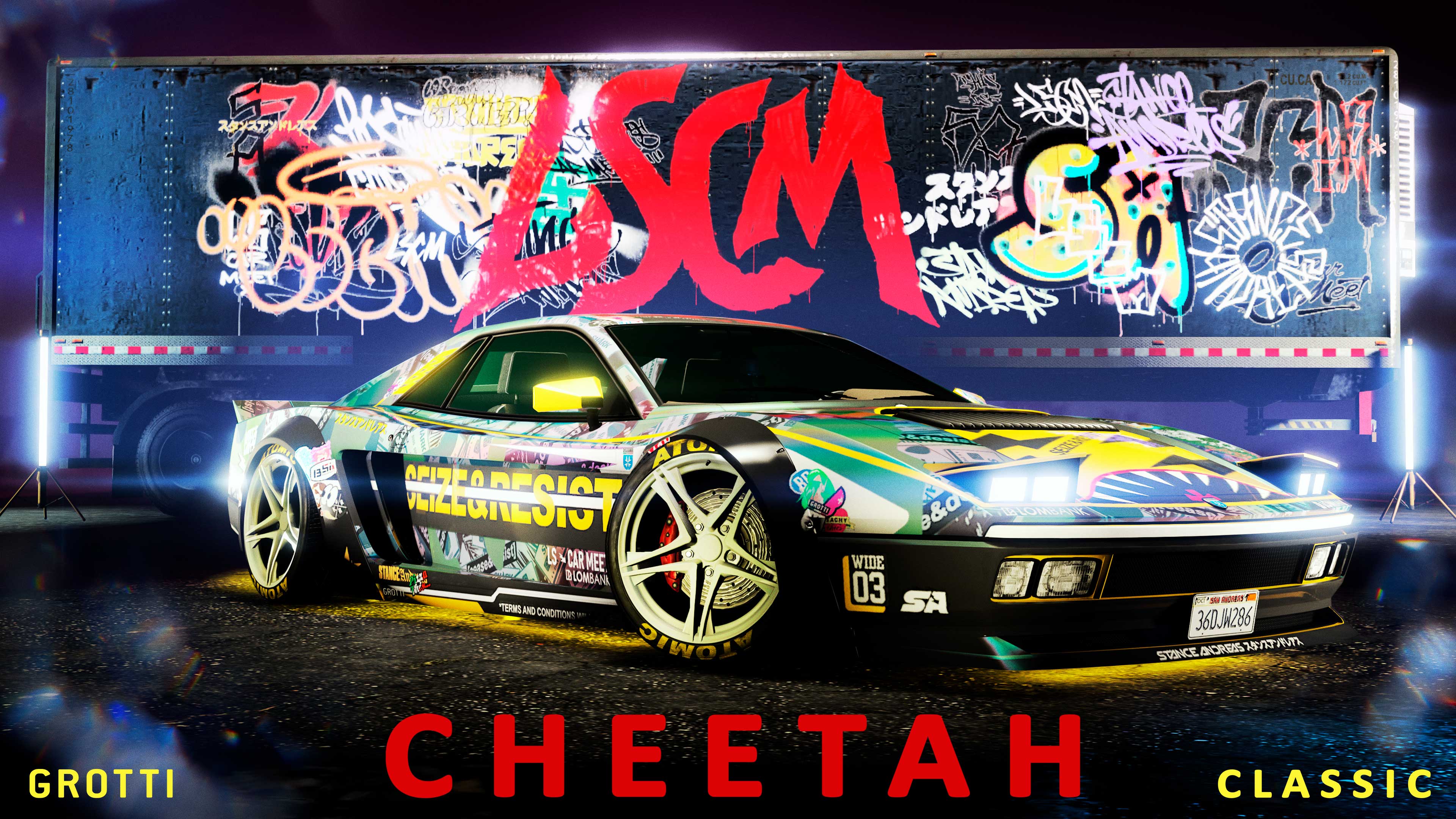 A modified Grotti LSCM Cheetah Classic car with a Seize and Resist livery in front of a trailer with LSCM graffiti. 