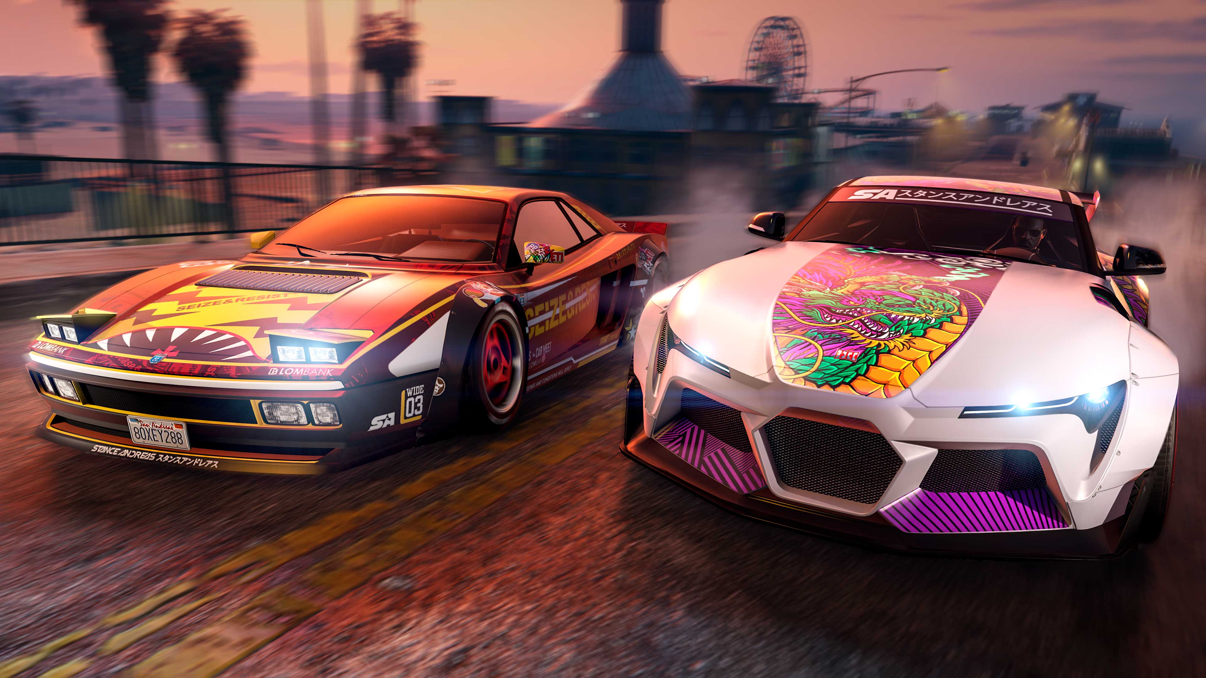 A modified Grotti LSCM Cheetah Classic with a Seize and Resist livery street races a modified white Dinka LSCM Jester RR with a dragon livery on the hood. 