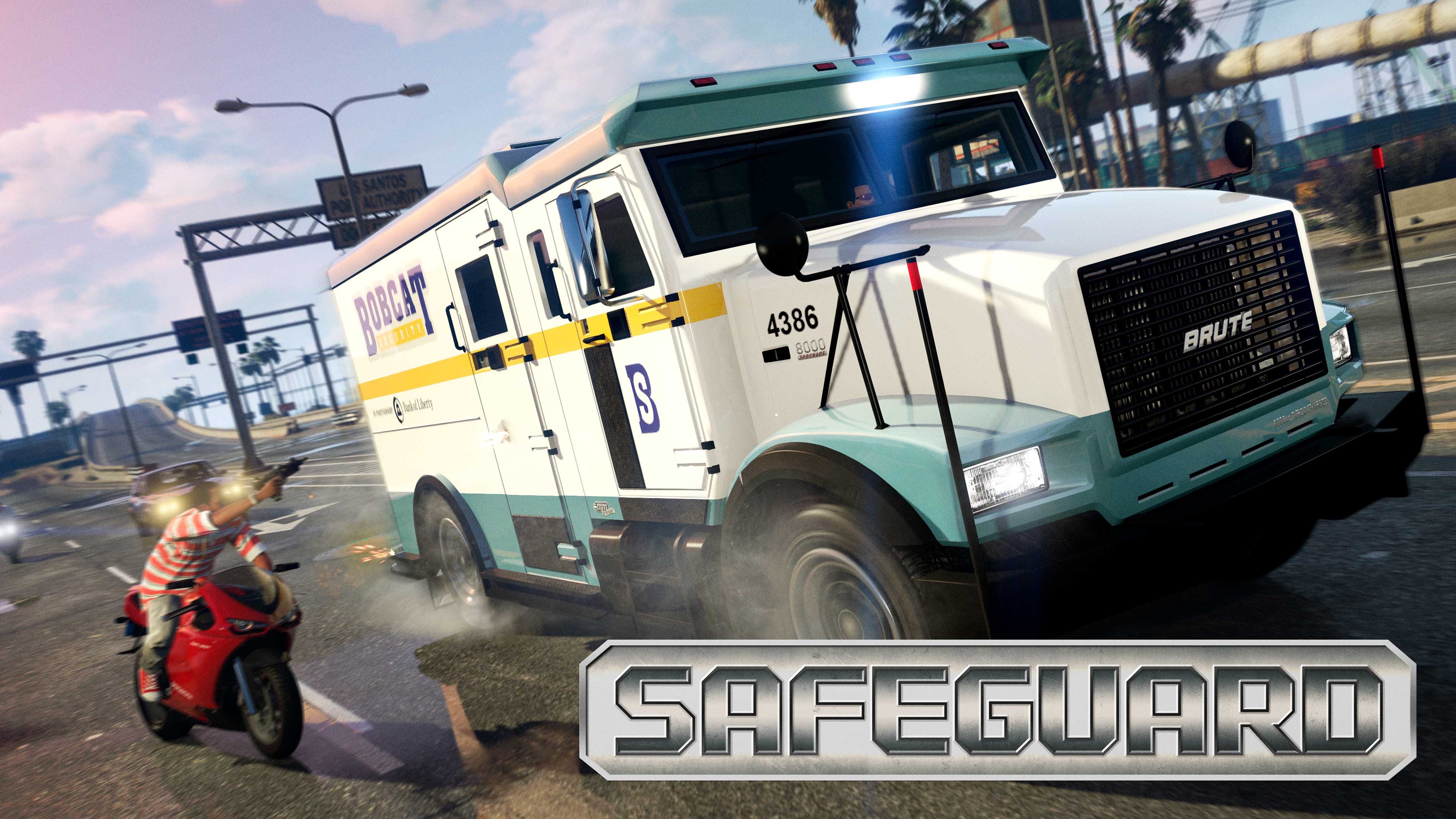 Safeguard event poster with a Bobcat Security armored truck being shot at by a GTA Online character on a motorcycle. 