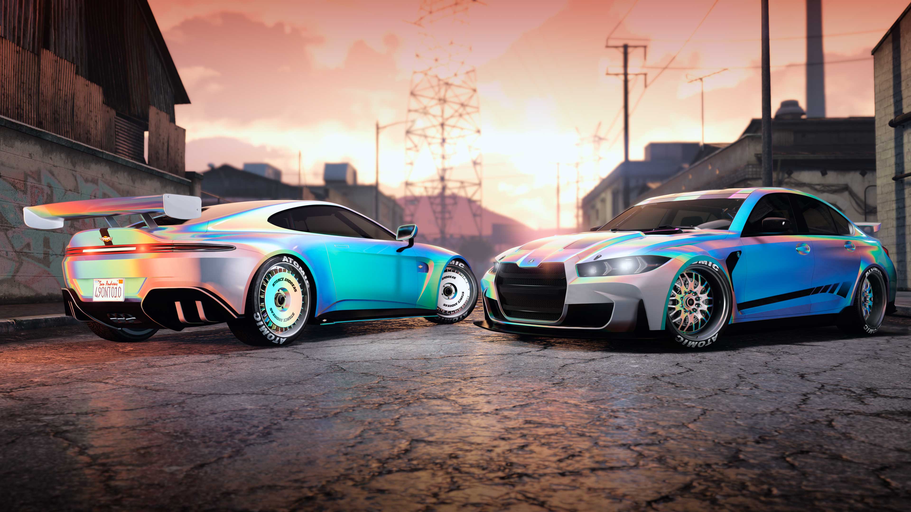 Two cars on a sunset-lit street with the Light Holographic Chameleon Paint and Wheel paint. 