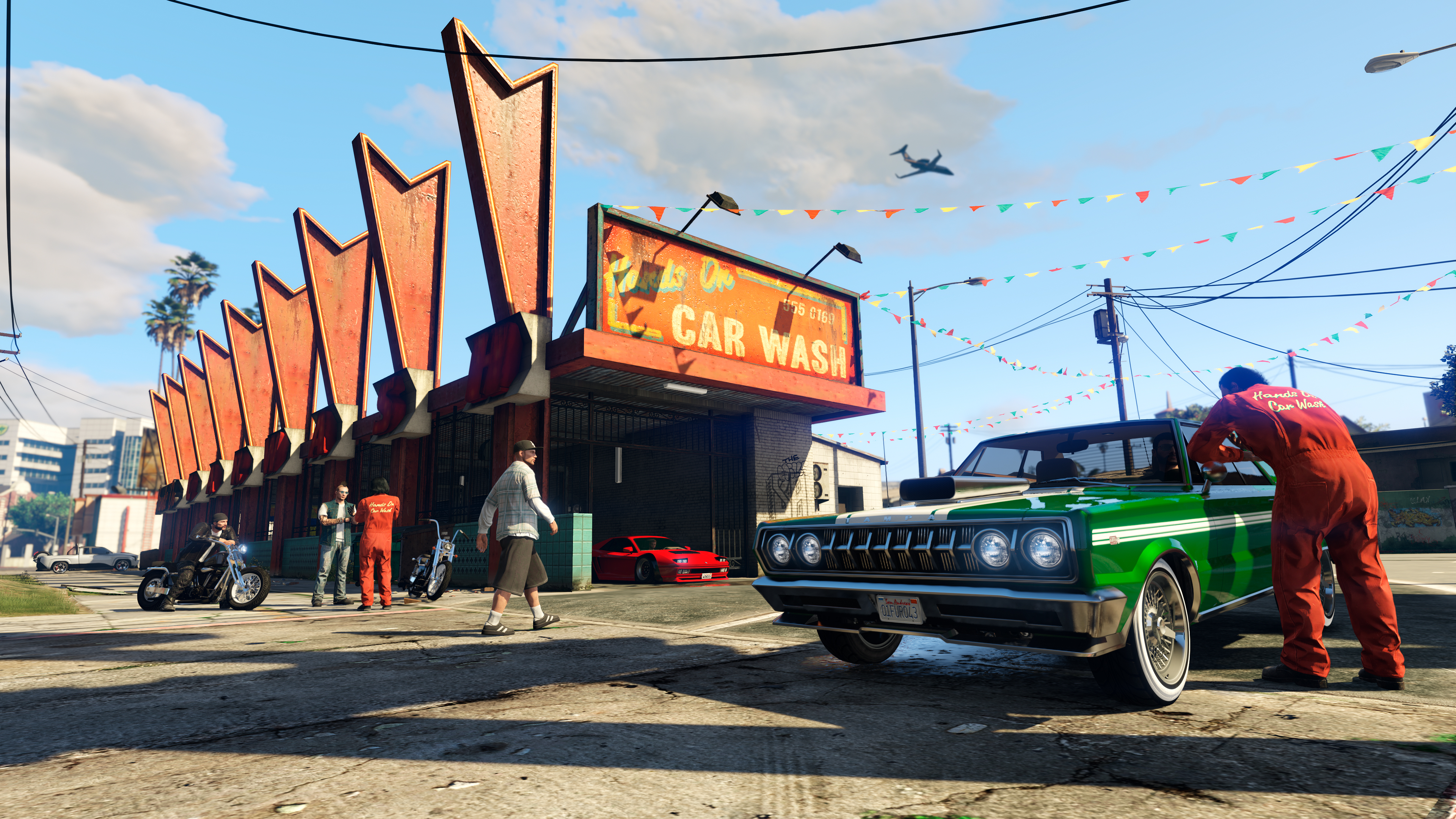 GTA Online characters at the Hands On Car Wash. 
