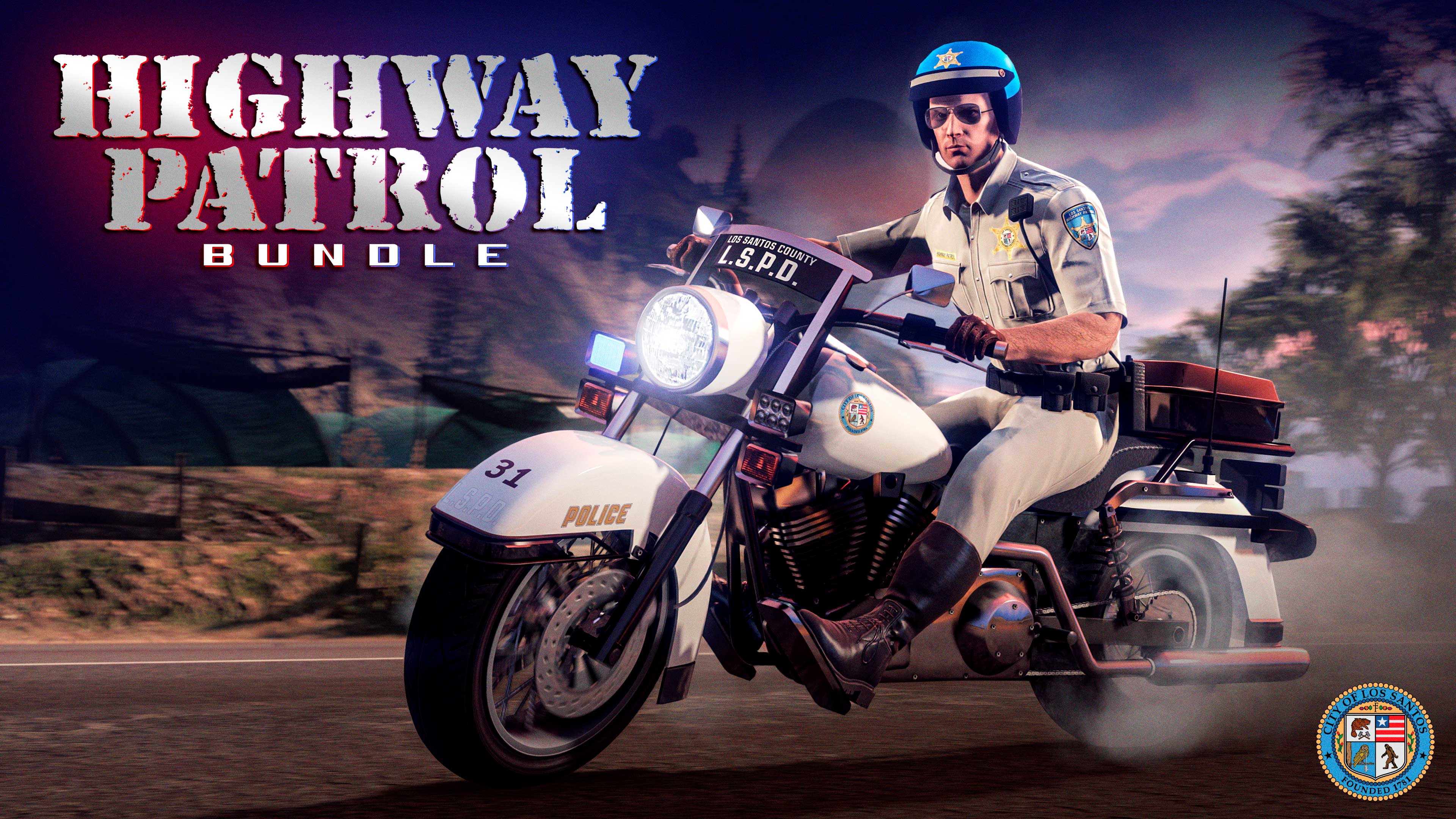 Highway Patrol Bundle poster with a character wearing the ‘Summer Highway Patrol Outfit’ riding the ‘Western Police Bike’.