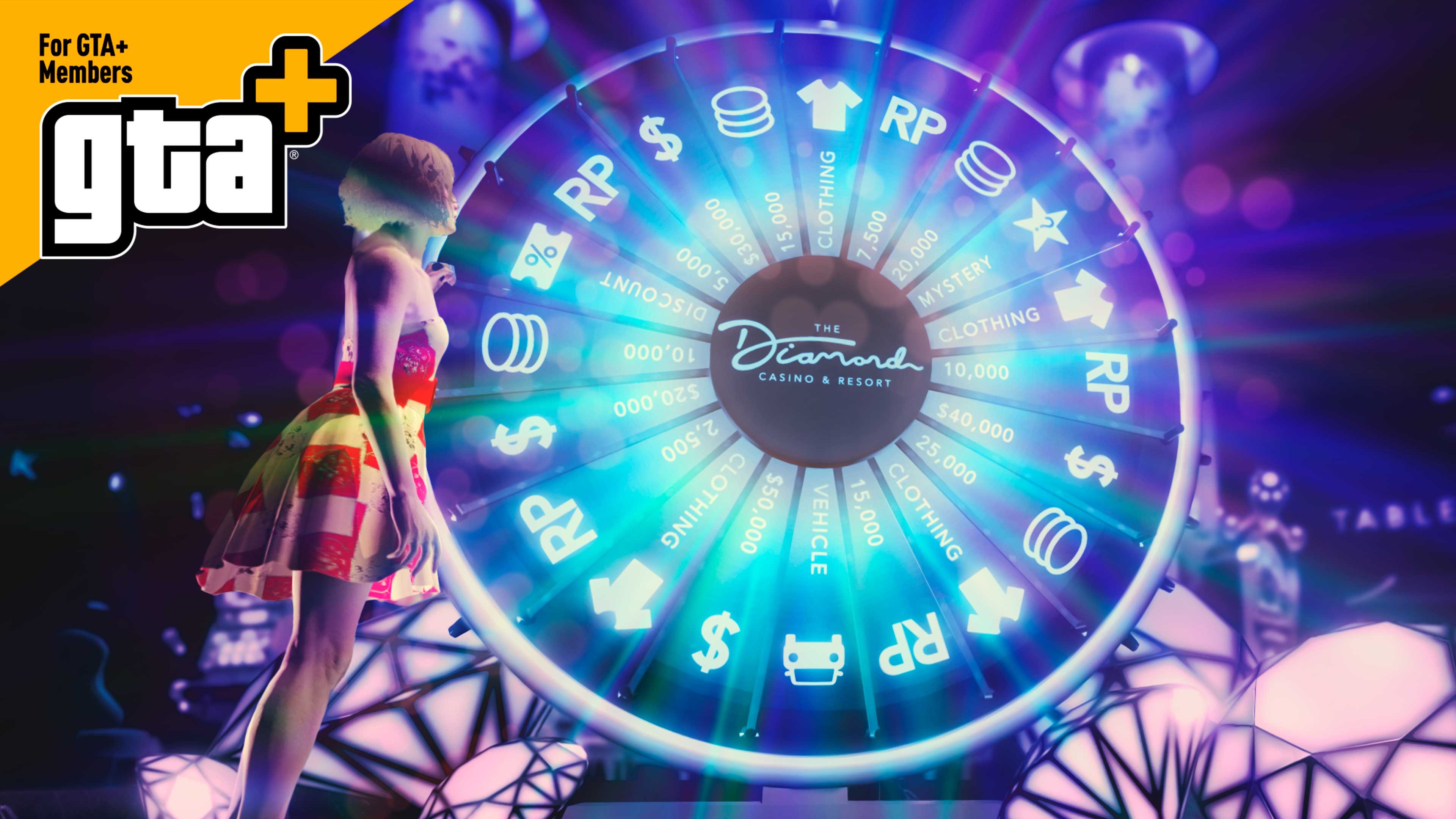 The Diamond Casino and Resort Lucky Wheel shines brightly. Text reads “For GTA Plus Members”.