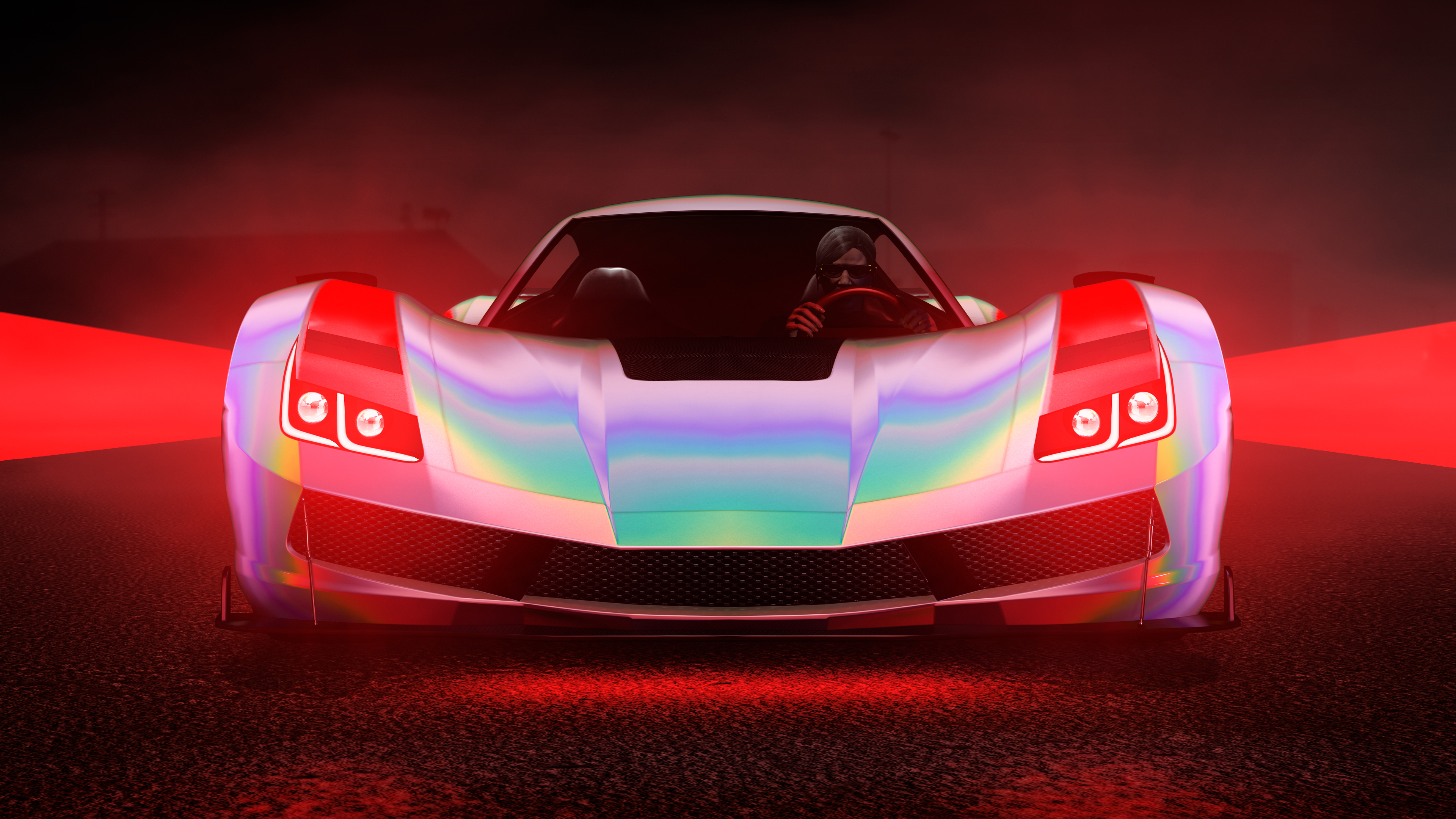 A GTA Online character sits in the driver’s seat of an Överflöd Suzume with pearlescent paint and a red underglow. 