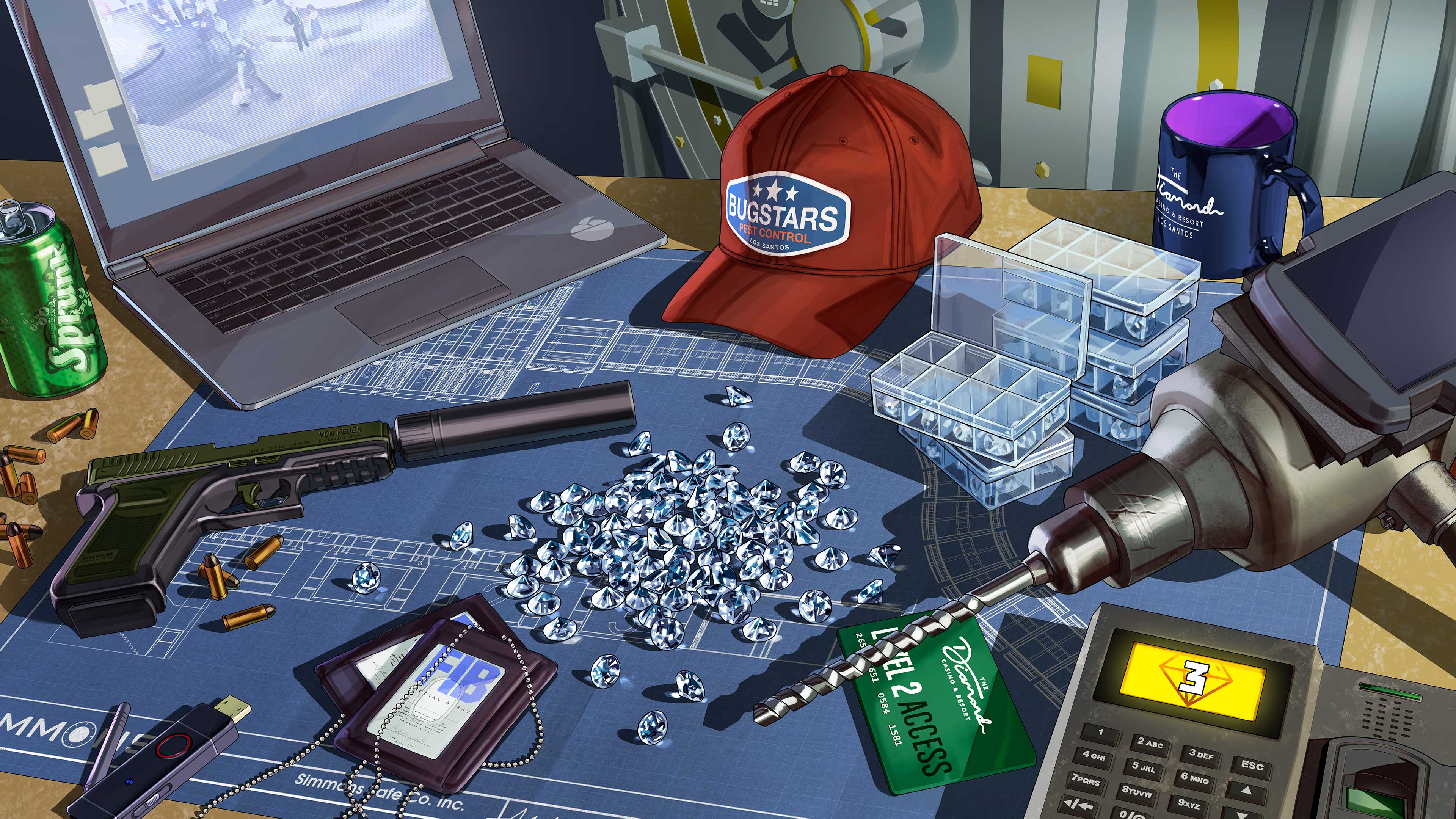Diamonds piled on a blueprint surrounded by heist gear including FIB badges, a drill, a Bugstars cap, silenced pistol, and laptop. 