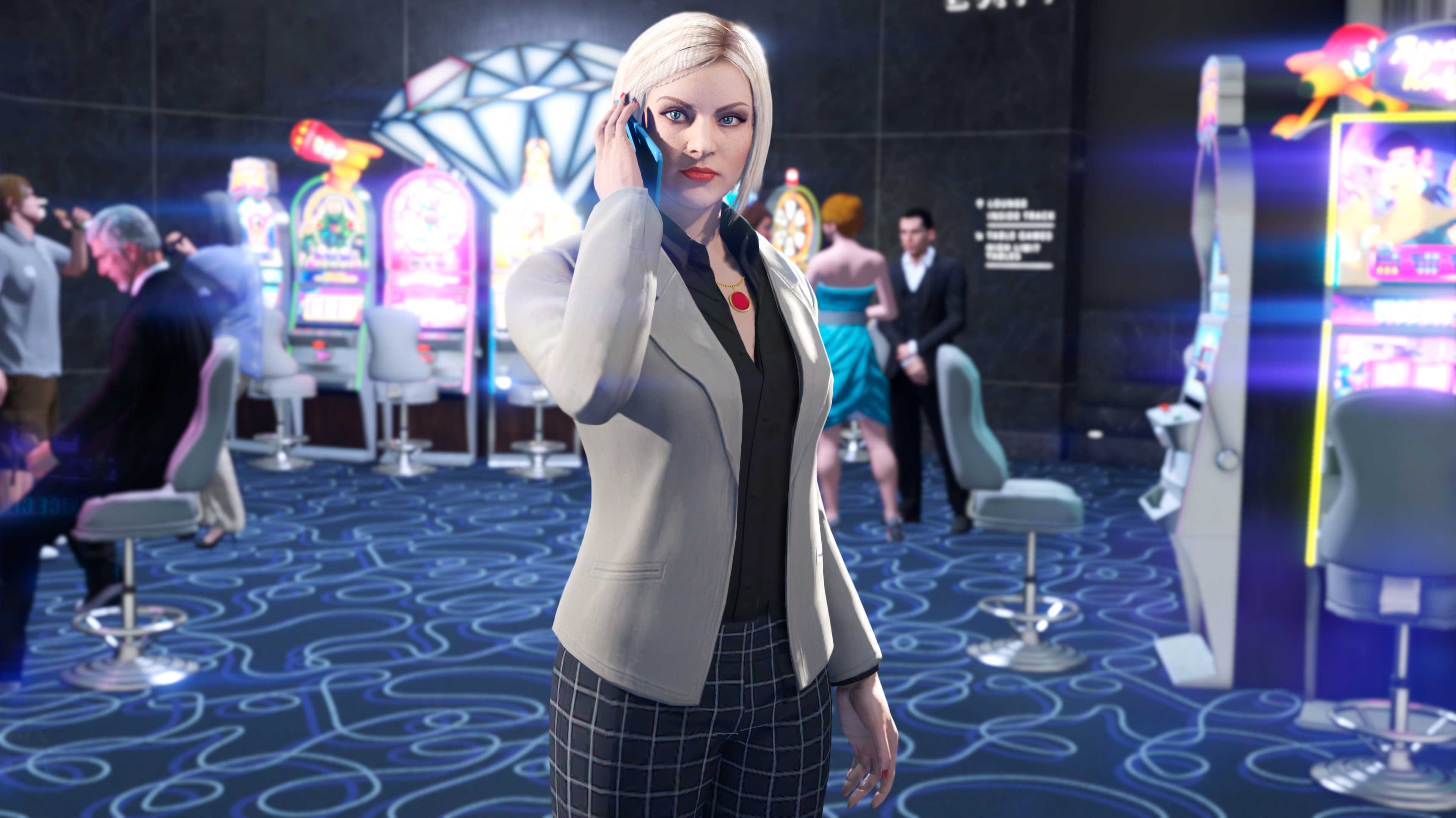 Agatha Baker in the casino with a phone to her ear. 