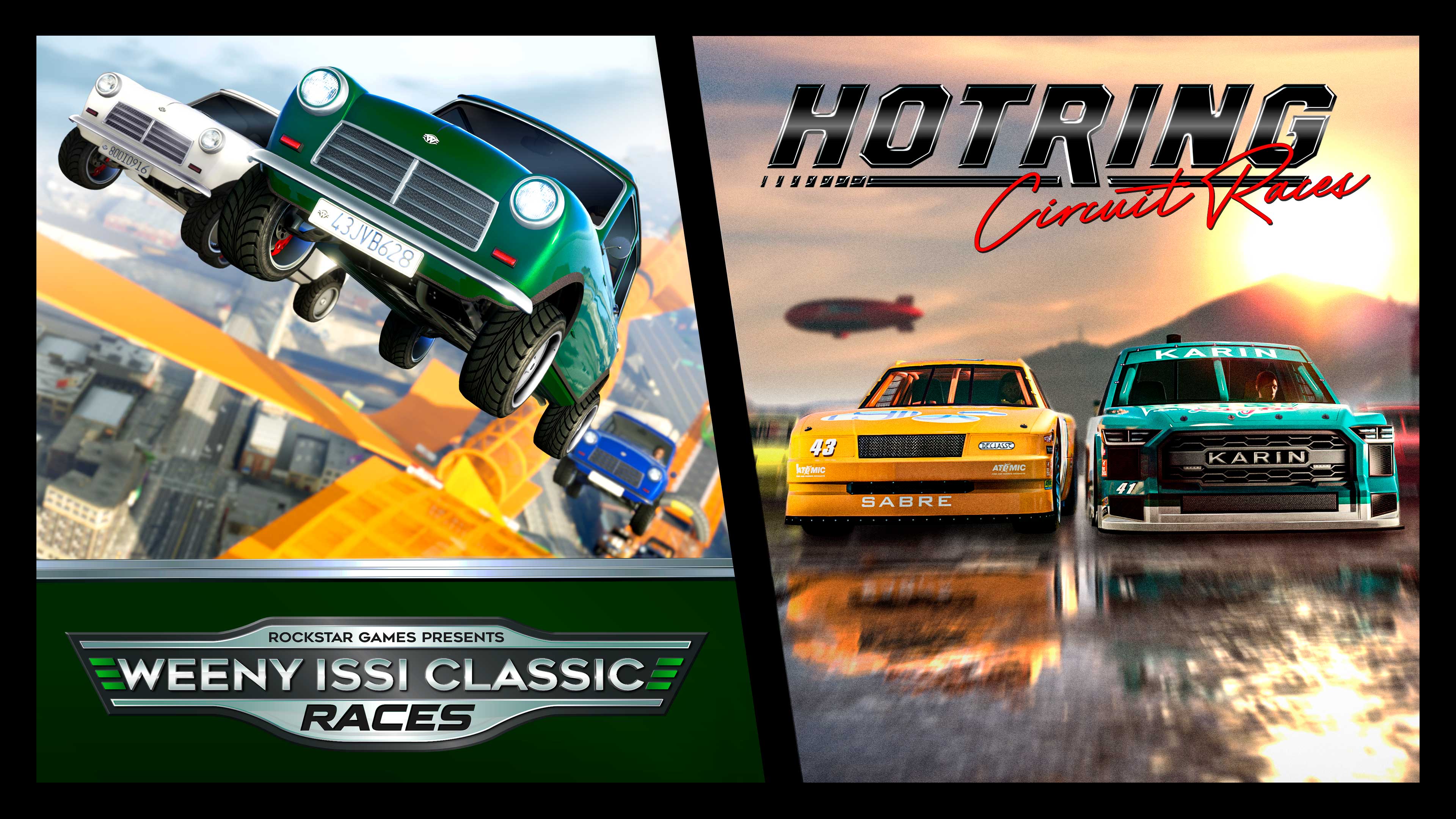 A poster with a vertical split. Left: Weeny Issi Classic Races poster with classic vehicles airborne as they leave a floating track above Los Santos. Right: Hotring Circuit Races poster with two stock car vehicles neck and neck driving a wet road at sunset. 