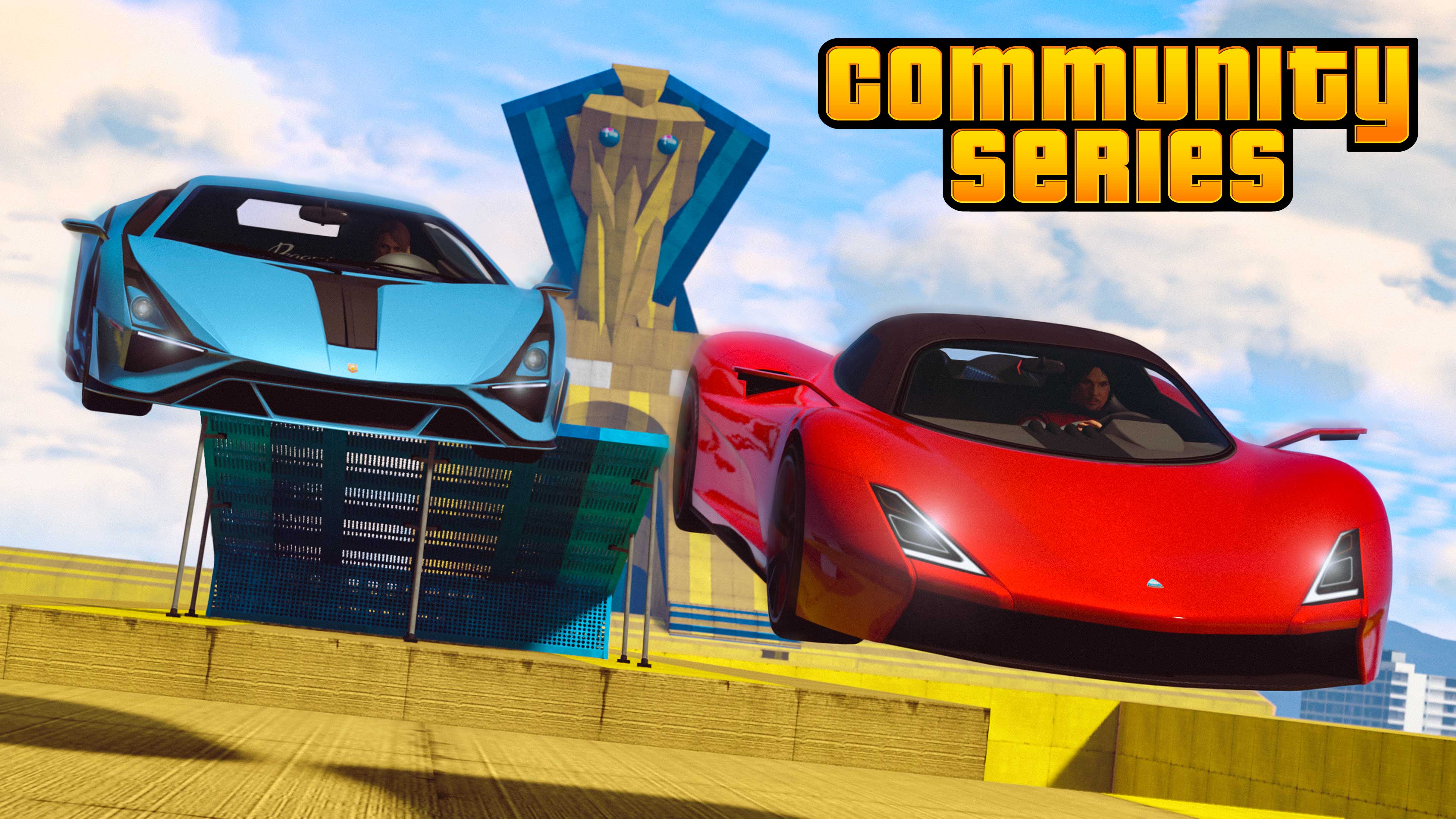 Community Series poster with two cars airborne as they leave a large blue ramp as part of a yellow track.  