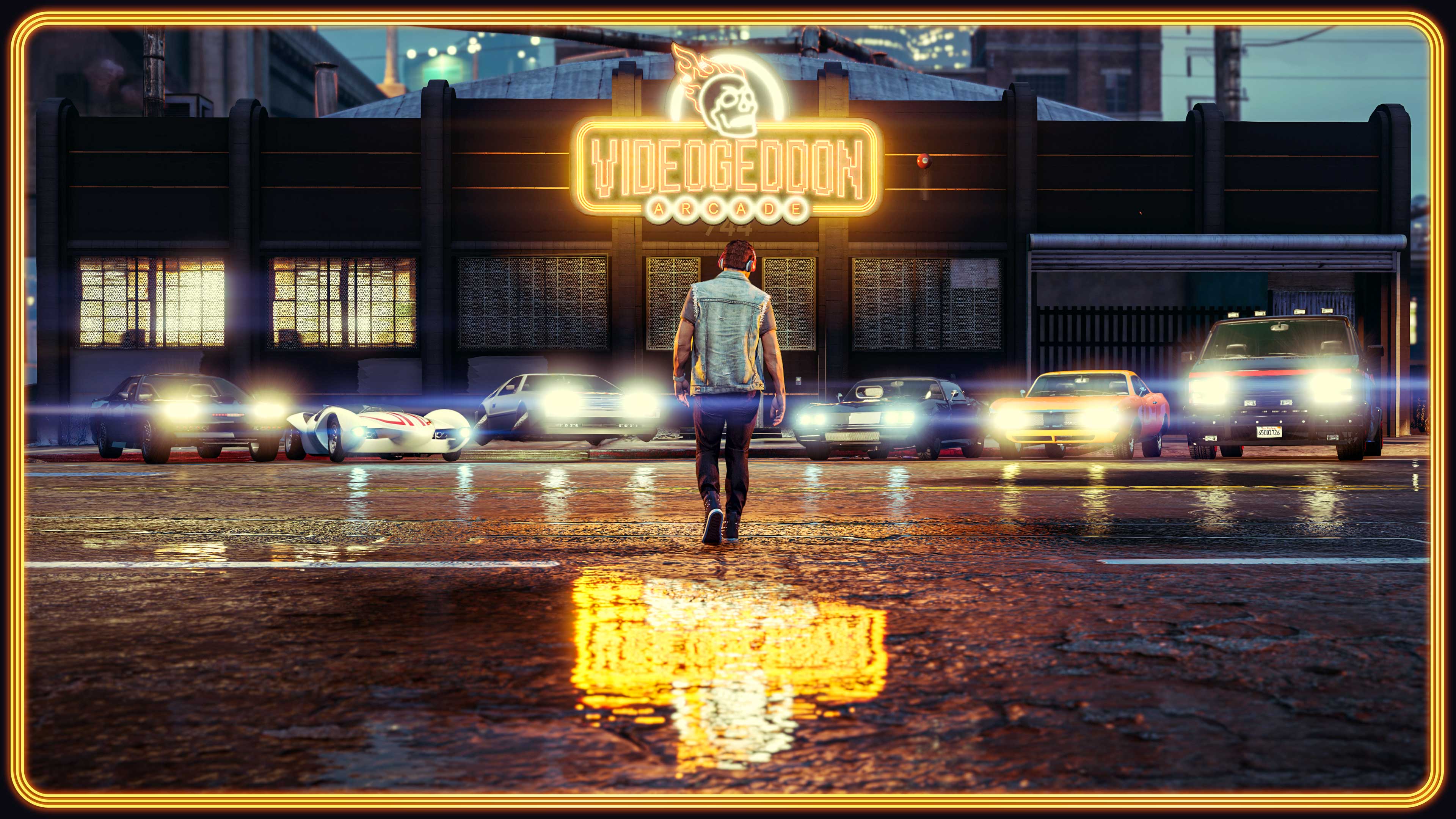 A character walks towards seven cars, with headlights beaming, outside the Videogeddon neon sign and building. 