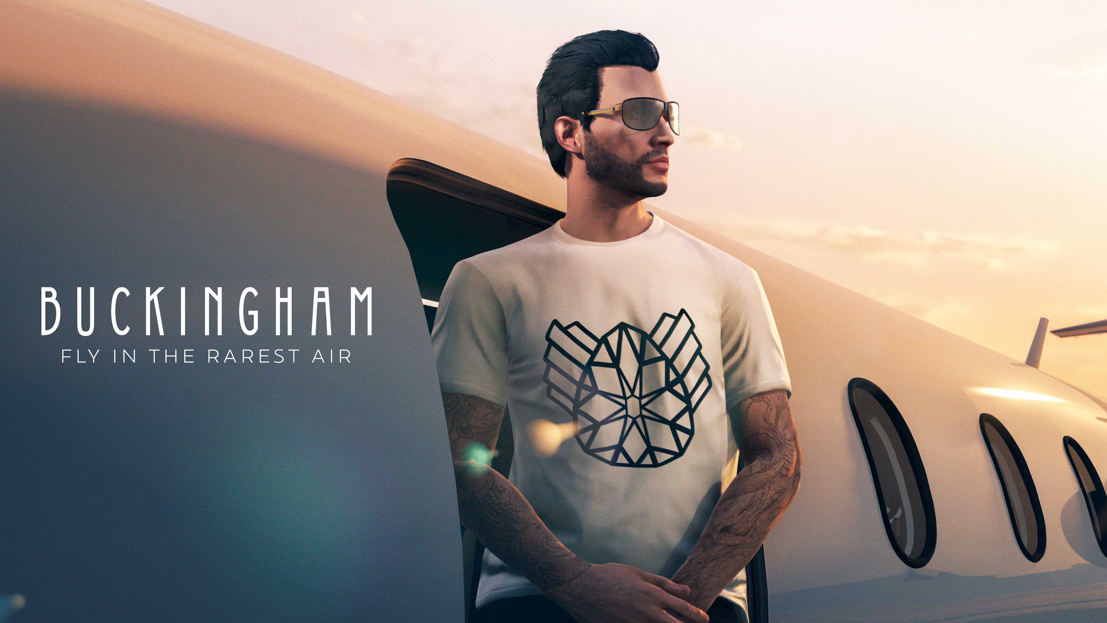 A character wears the white Buckingham Luxe Tee with a black line art graphic as they stand at the door of a plane.
