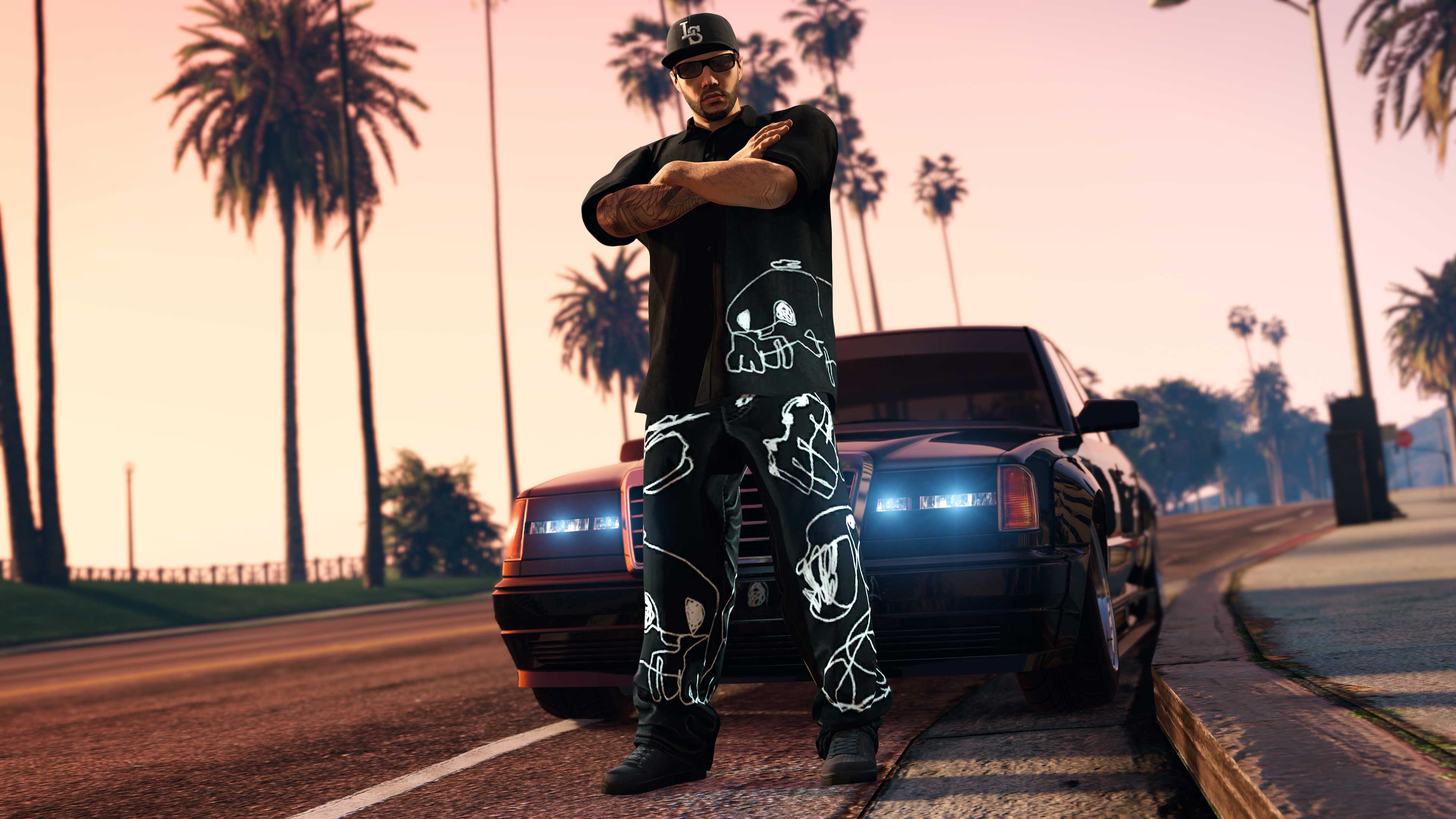 A character stands by a car modeling the black Bigness Sketches Shirt and Jeans. 
