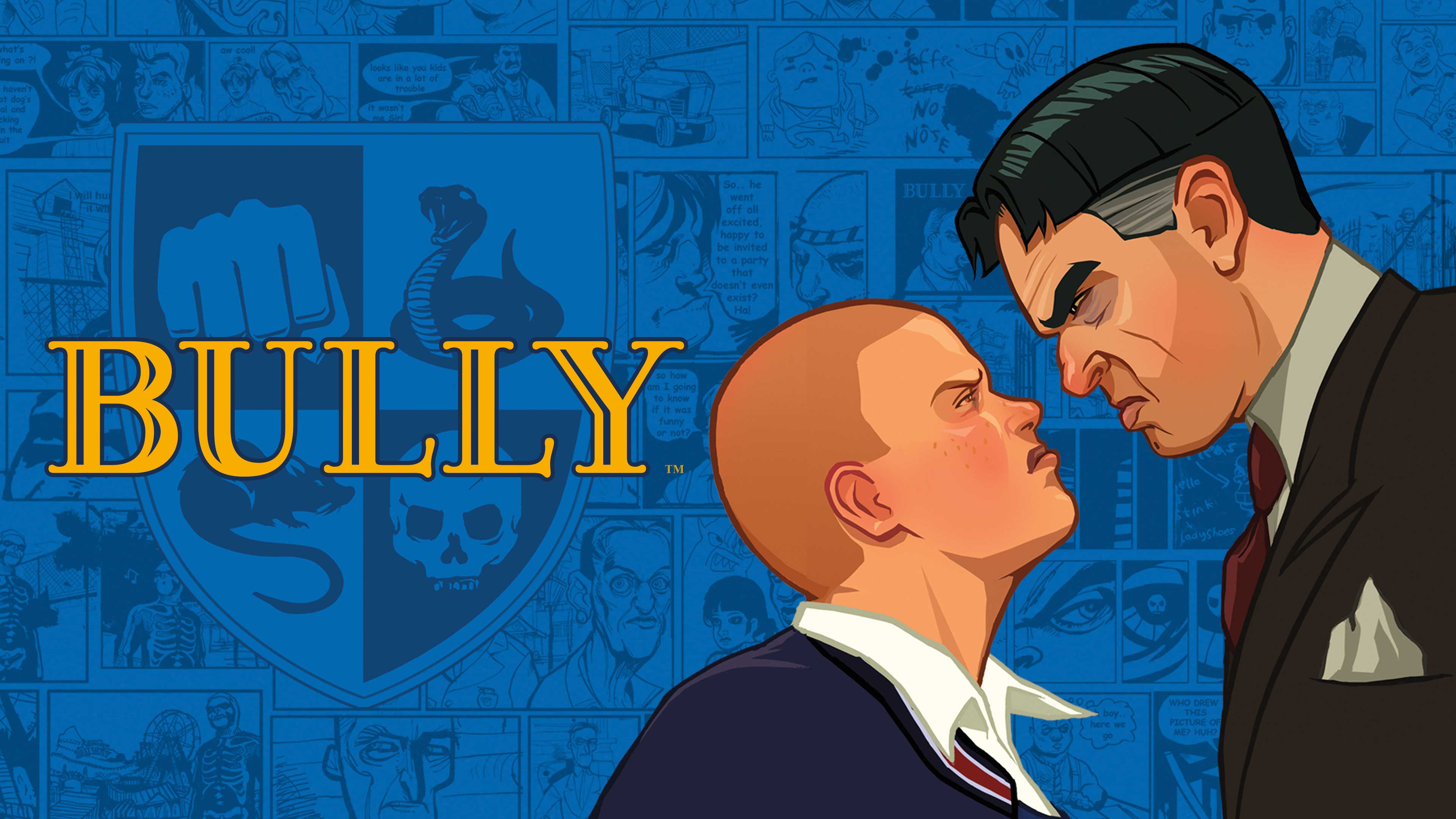 Bully key art of Jimmy Hopkins, a student, looking up with a glare to Principal Dr. Ralph Crabblesnitch, glaring back. 