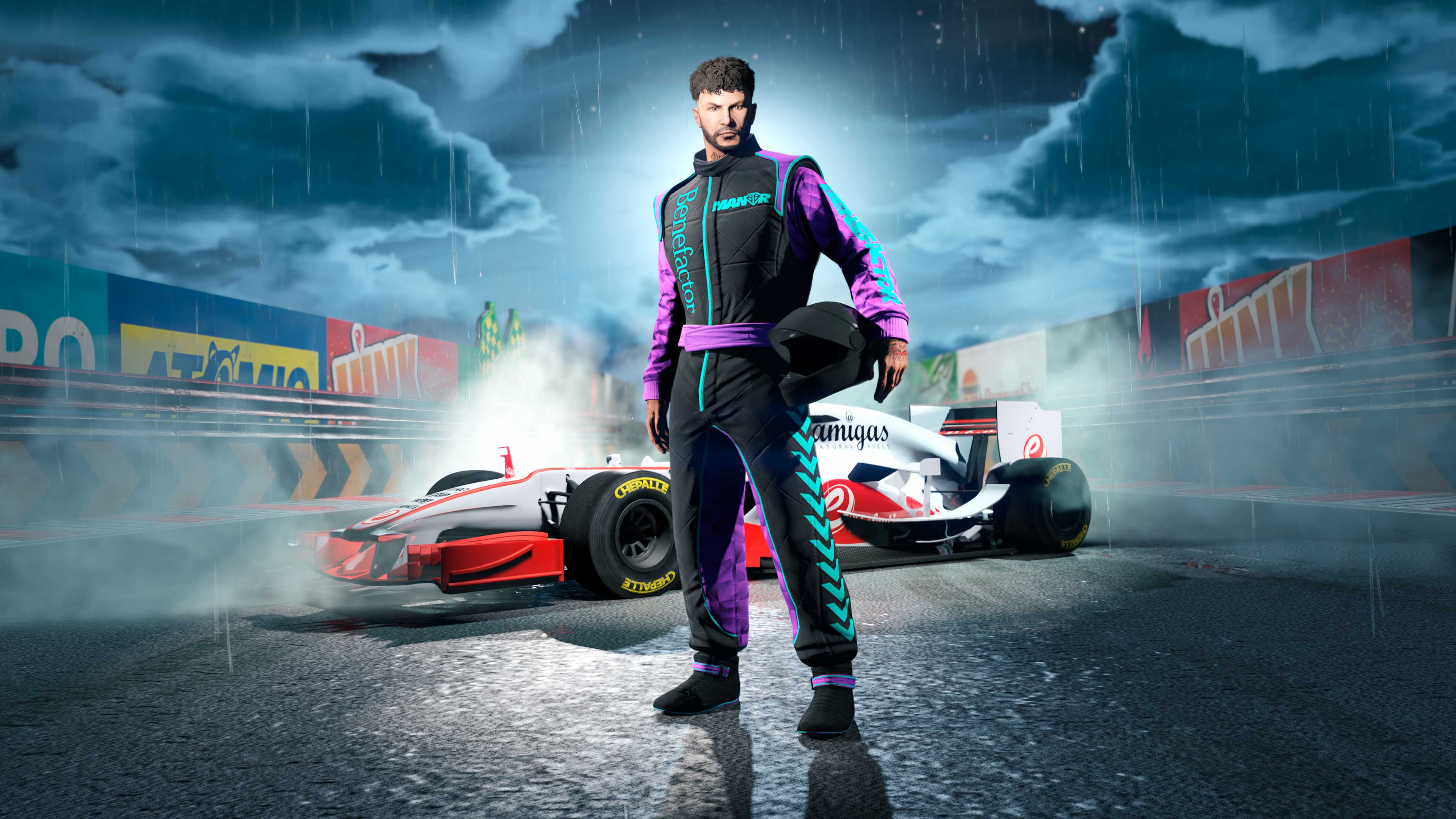 A character wears the Dark Manor Suit with purple and teal highlights in front of an open wheel car under stormy night skies. 