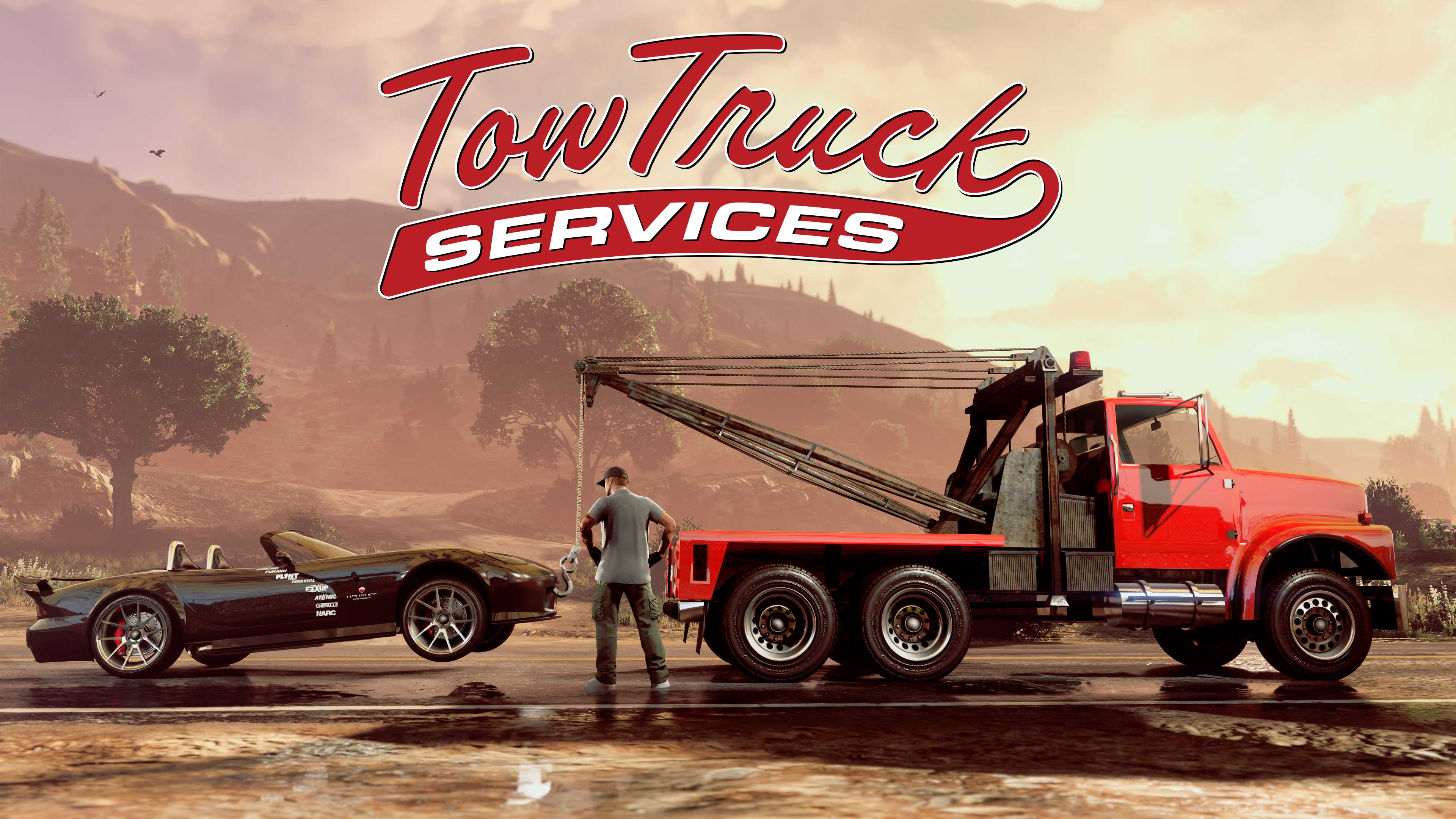 Tow Truck Services poster with a red pickup truck towing an open top vehicle as a character observes. 
