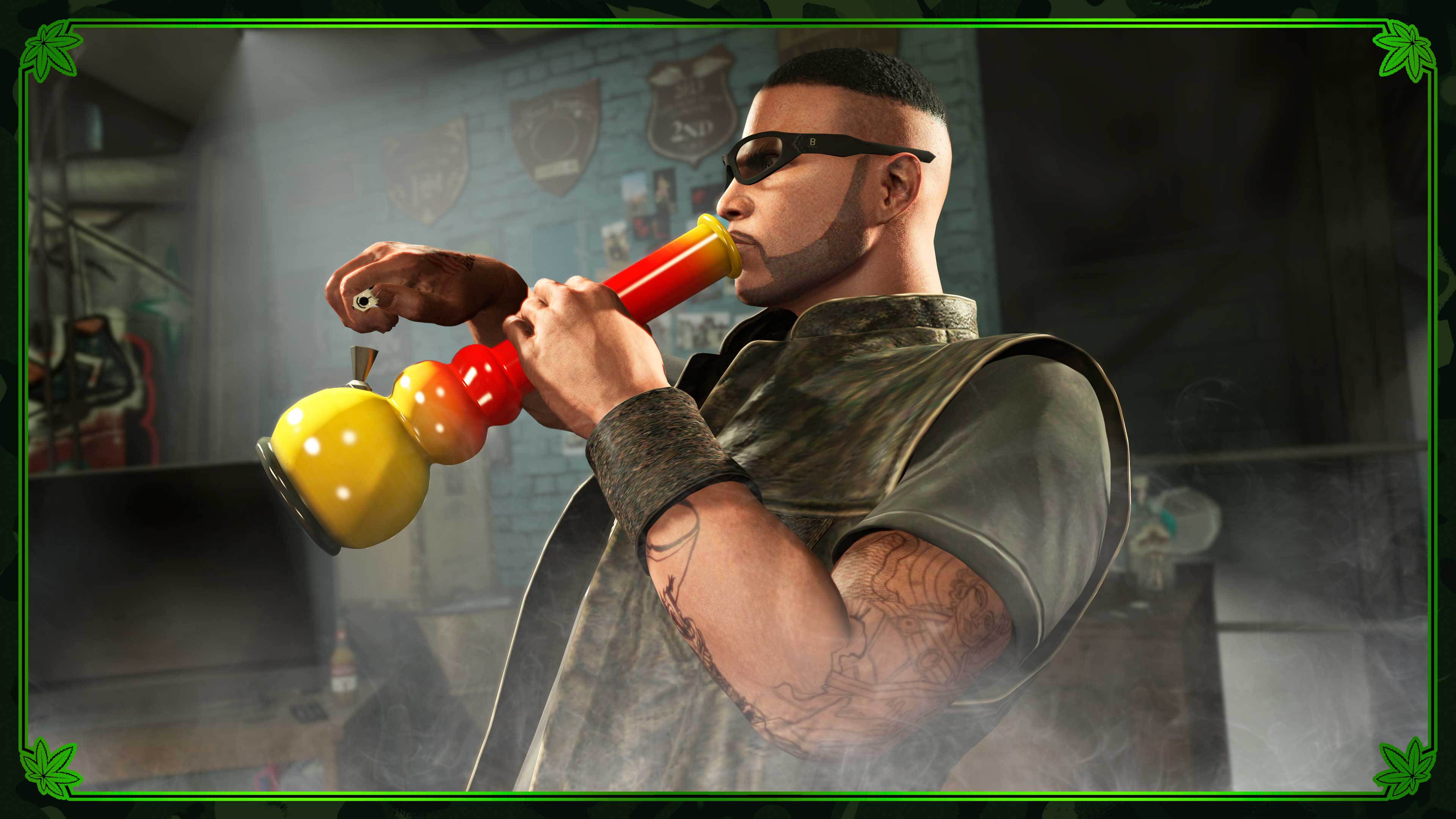 A character lights the bowl of their bong.