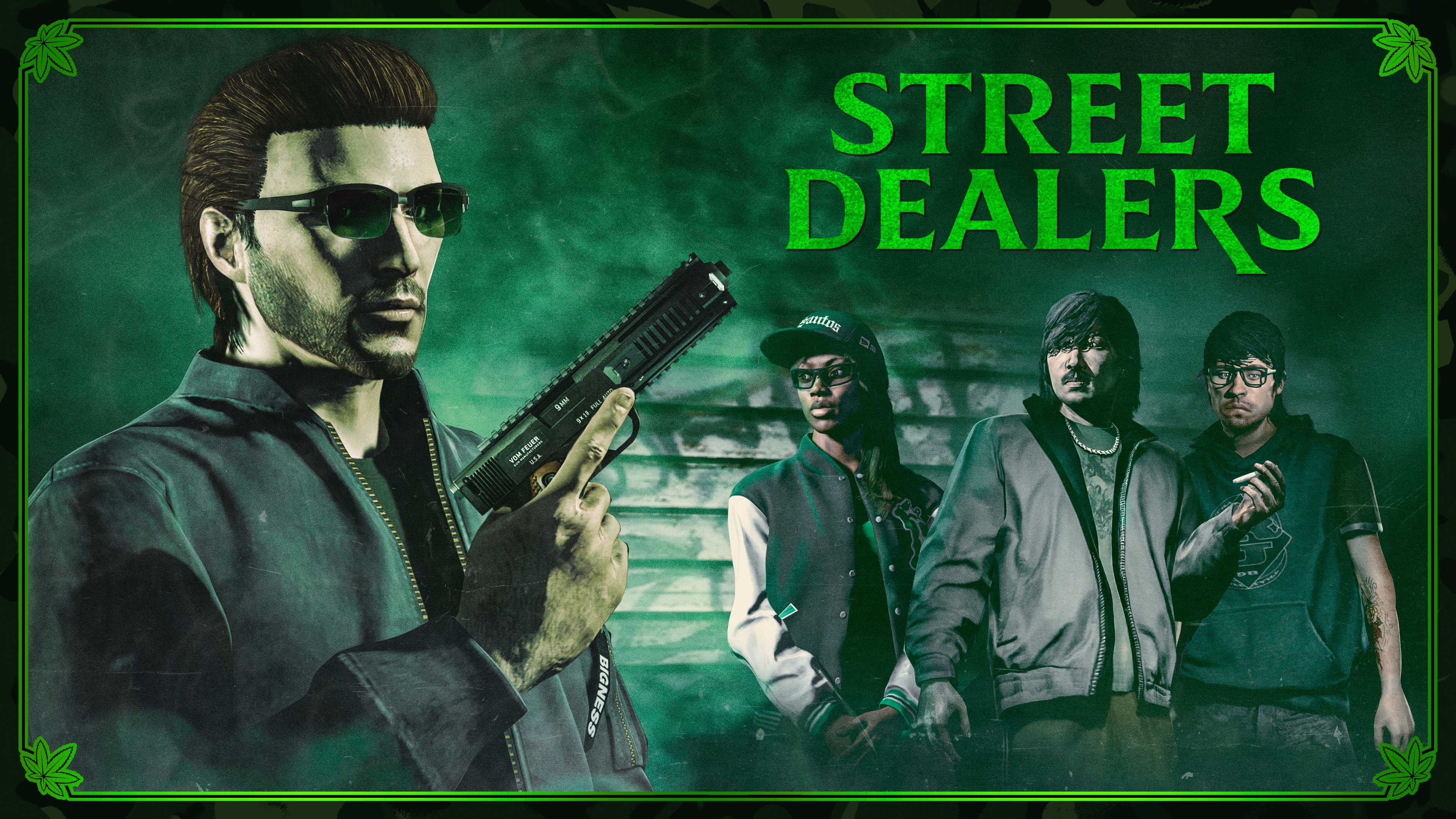 Street Dealers event poster featuring a character with a gun standing nearby three others who are standing side-by-side. 