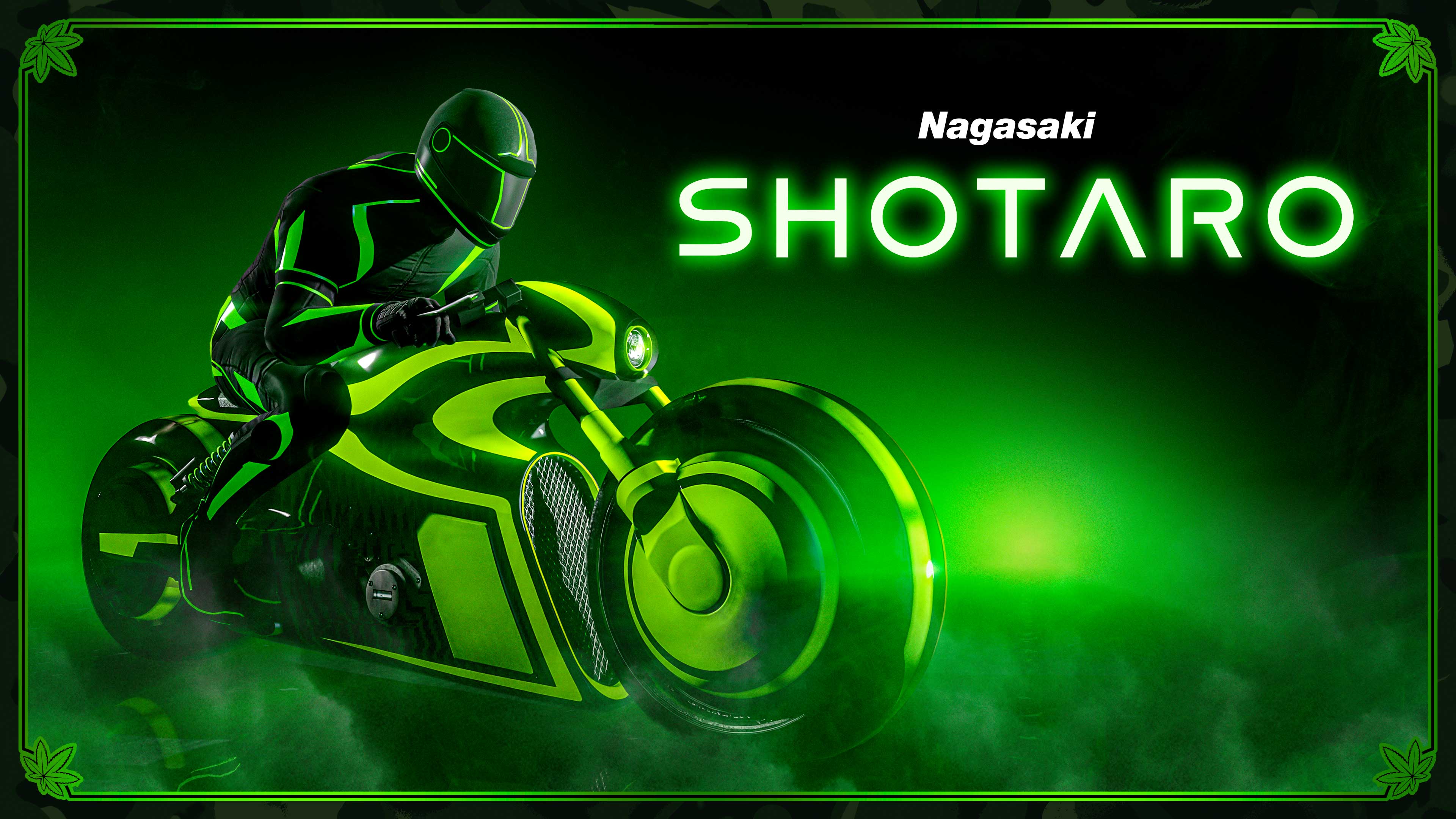 A black Nagasaki Shotaro motorbike with vibrant green details as a rider wears a matching outfit. 