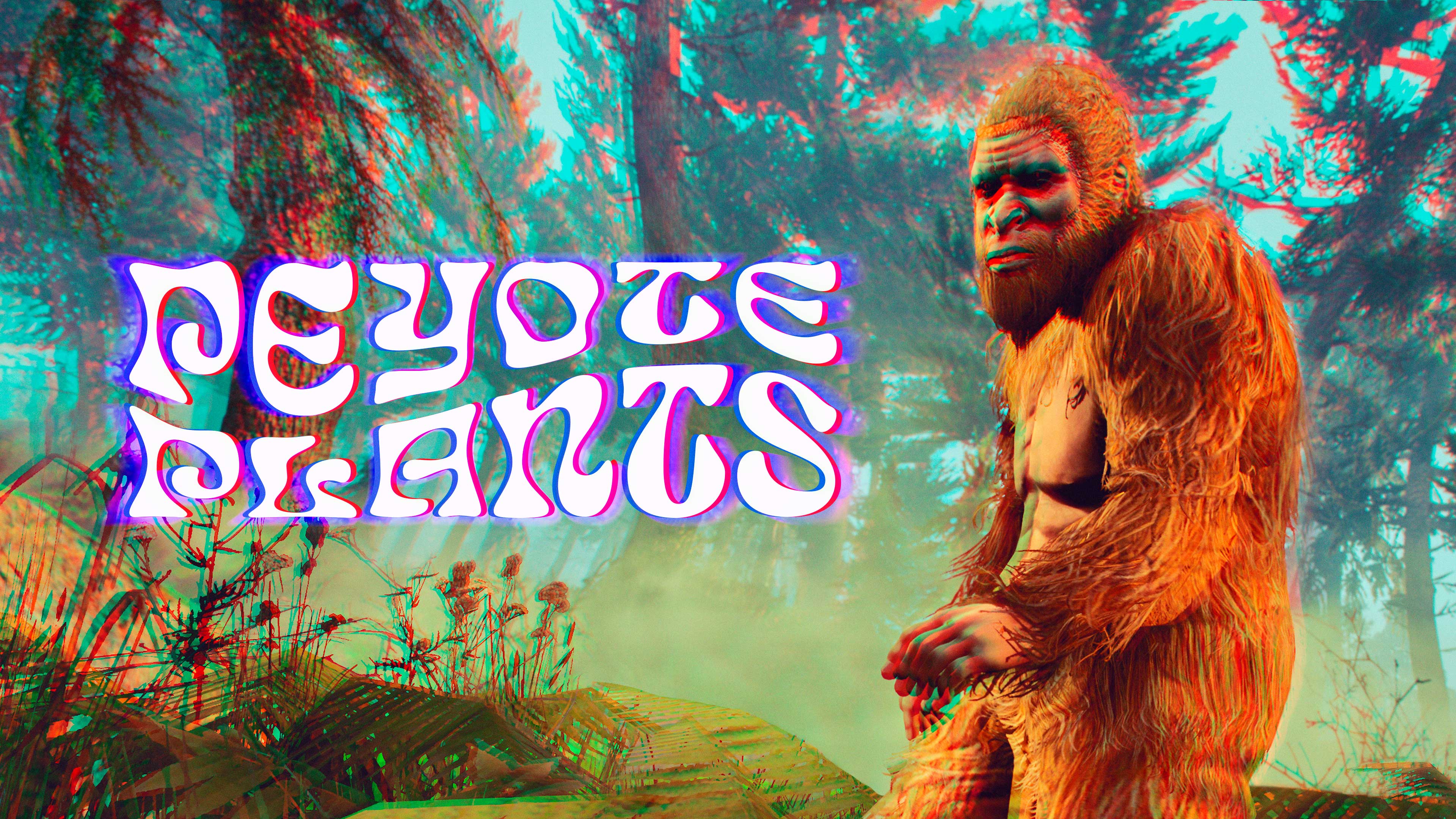 A character in the woods wears the Sasquatch Outfit. Text reads: Peyote Plants. 