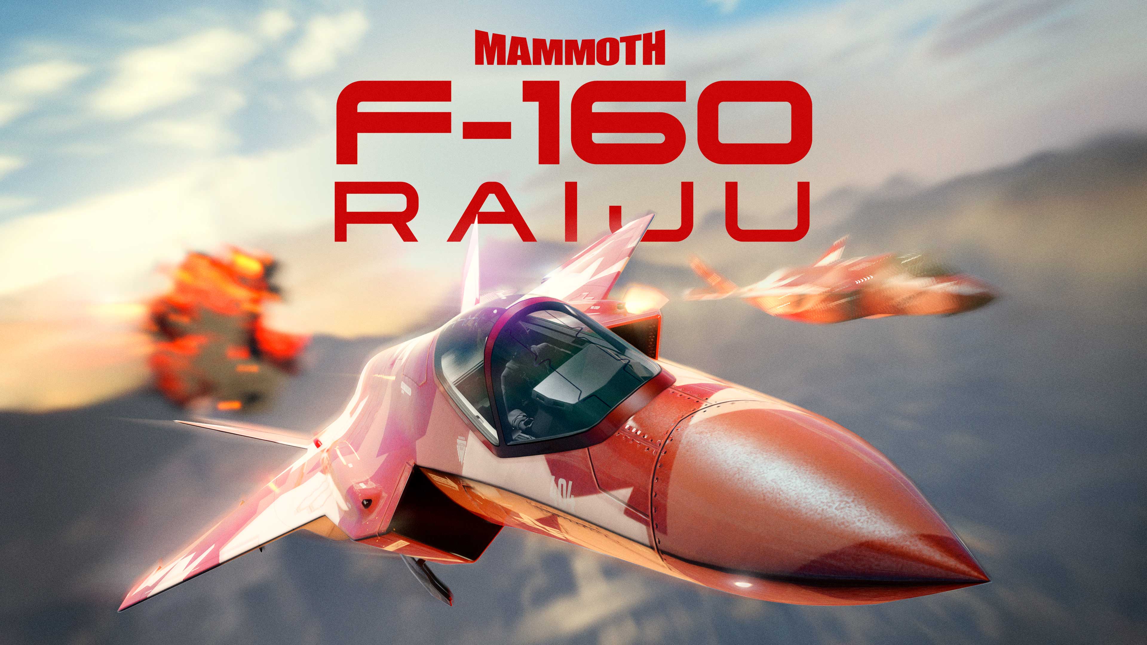 Two red jets soar through the sky with an airborne explosion behind. Text reads: Mammoth F-160 Raiju. 