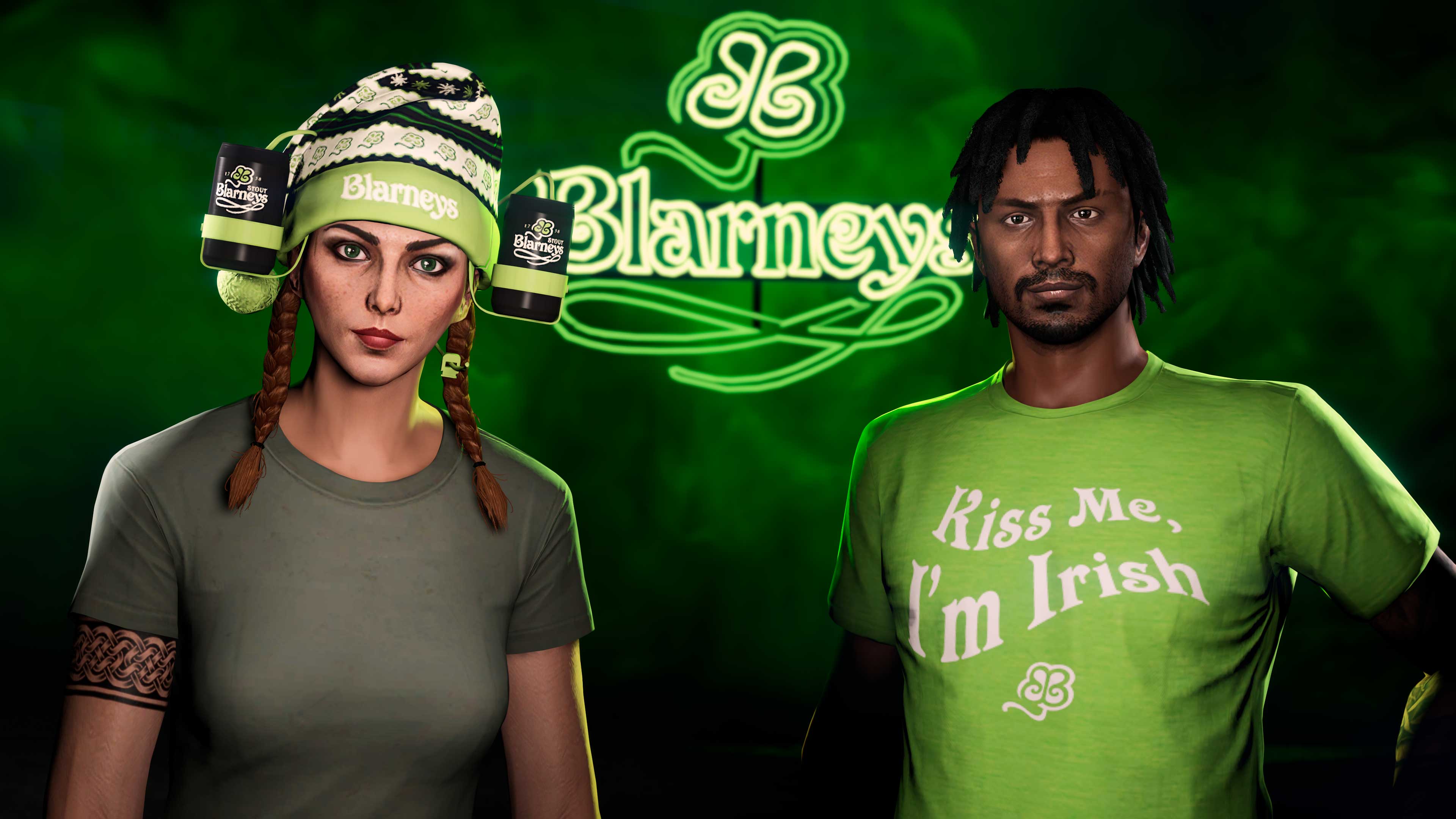 Two characters in a bar. One wears the Blarneys Festive Beer Hat and the other wears the Blarneys Stout Tee. 