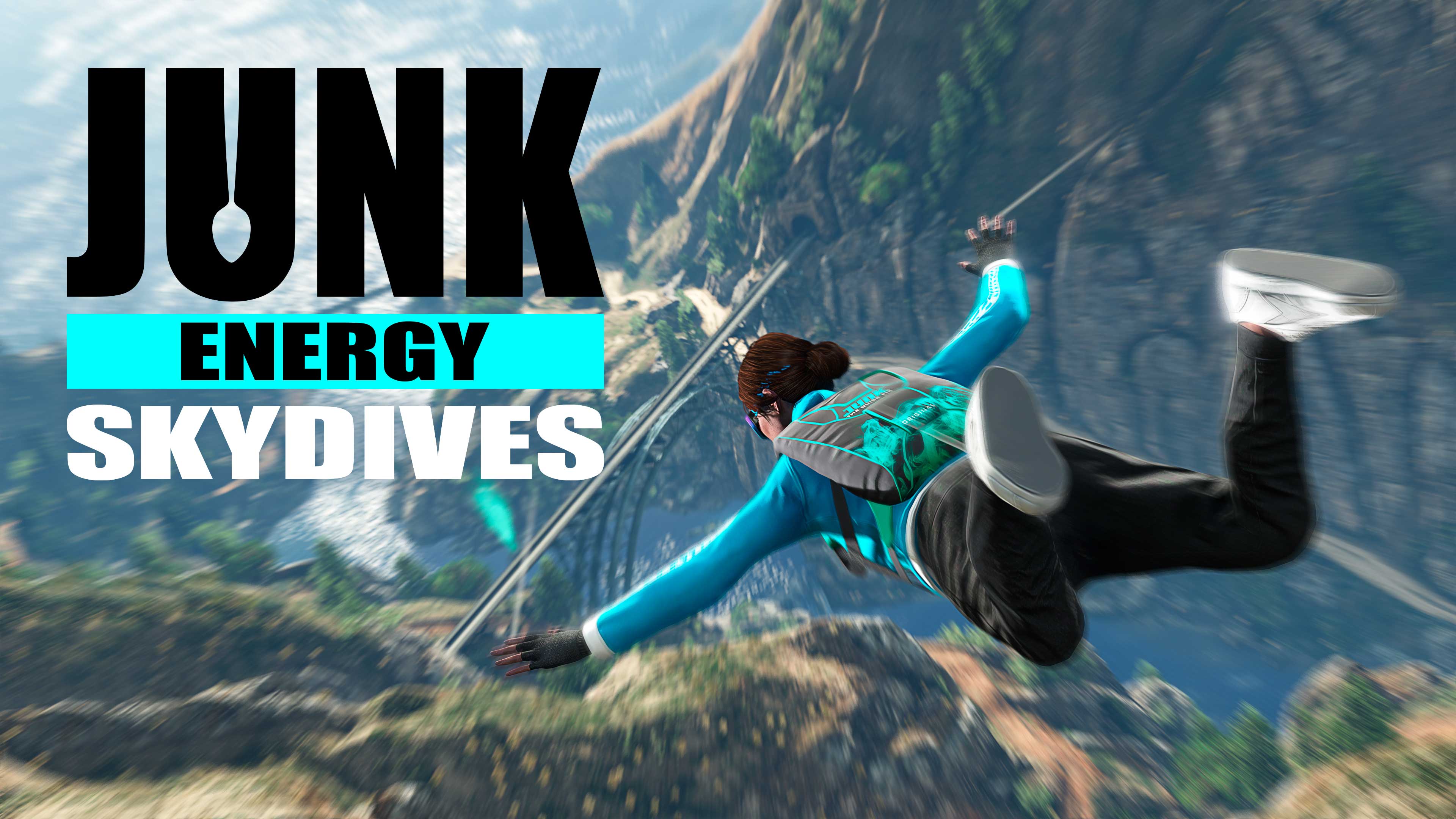 Junk Energy Skydives event poster with a GTA Online character skydiving over a mountain and bridge road while wearing a Junk Energy branded backpack. 