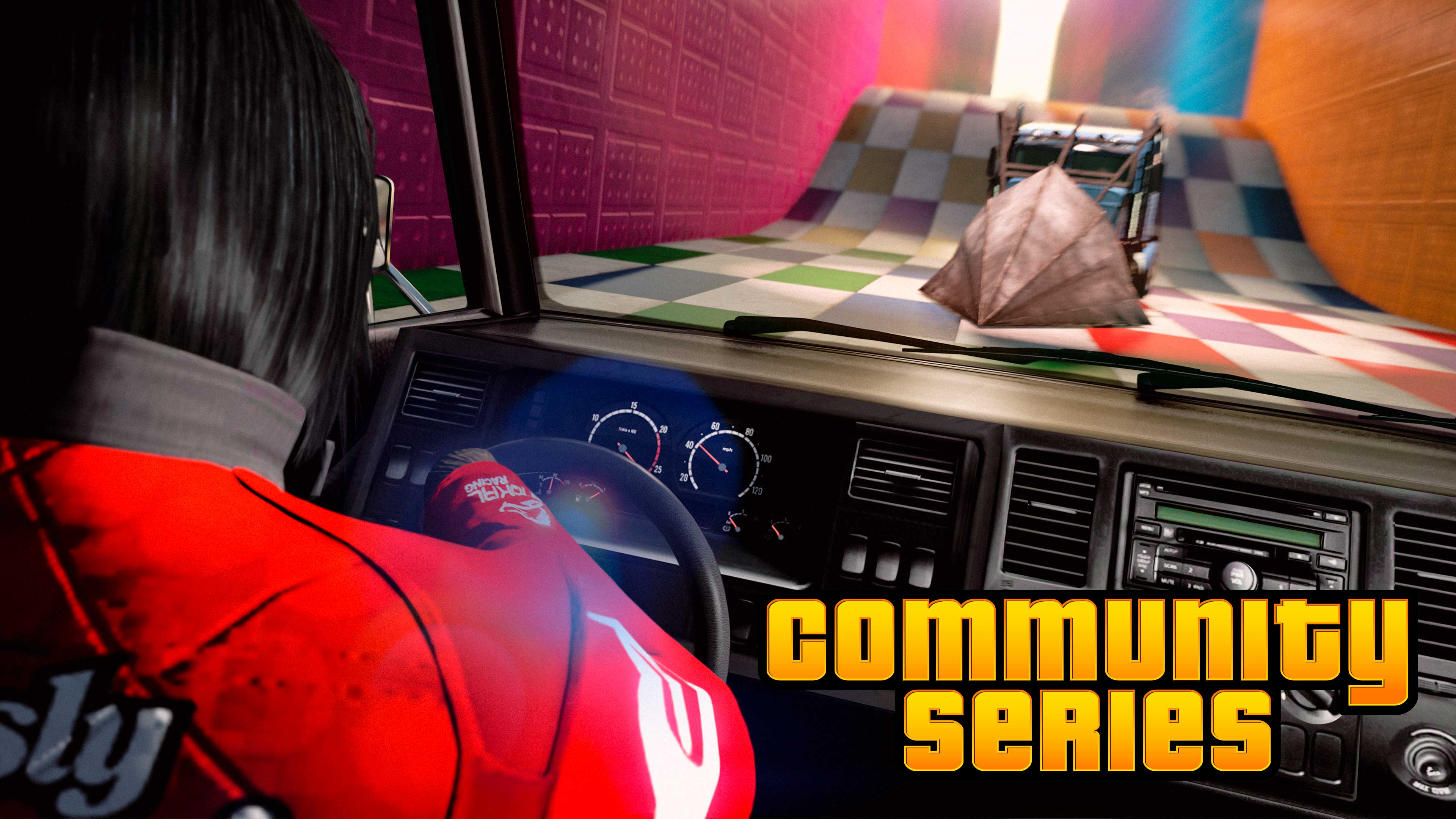 Community Series event poster with an inside view of a car heading towards a Phantom Wedge truck with a large, modified scoop attached to the front. 